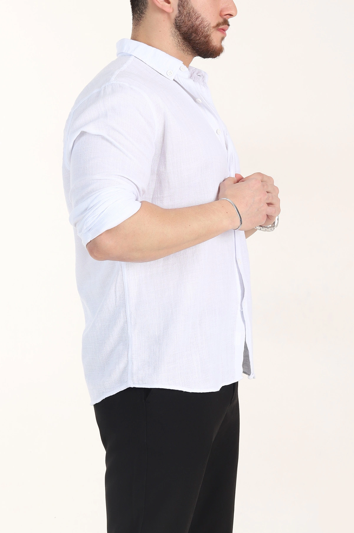 Beyaz Relaxed Fit Keten Cep Detaylı Erkek Gömlek 356976