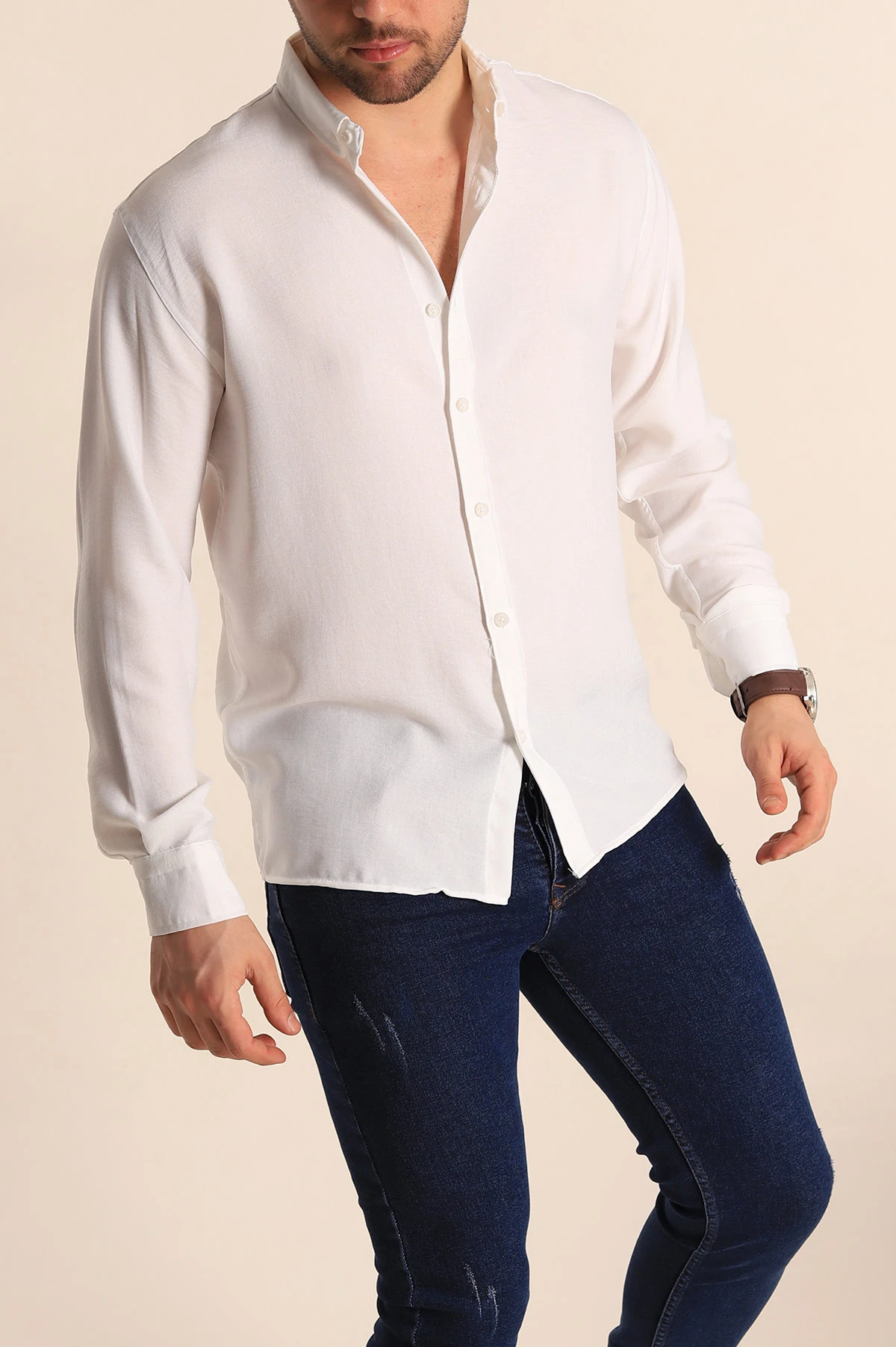 Beyaz Relaxed Fit Keten Erkek Gömlek 256531