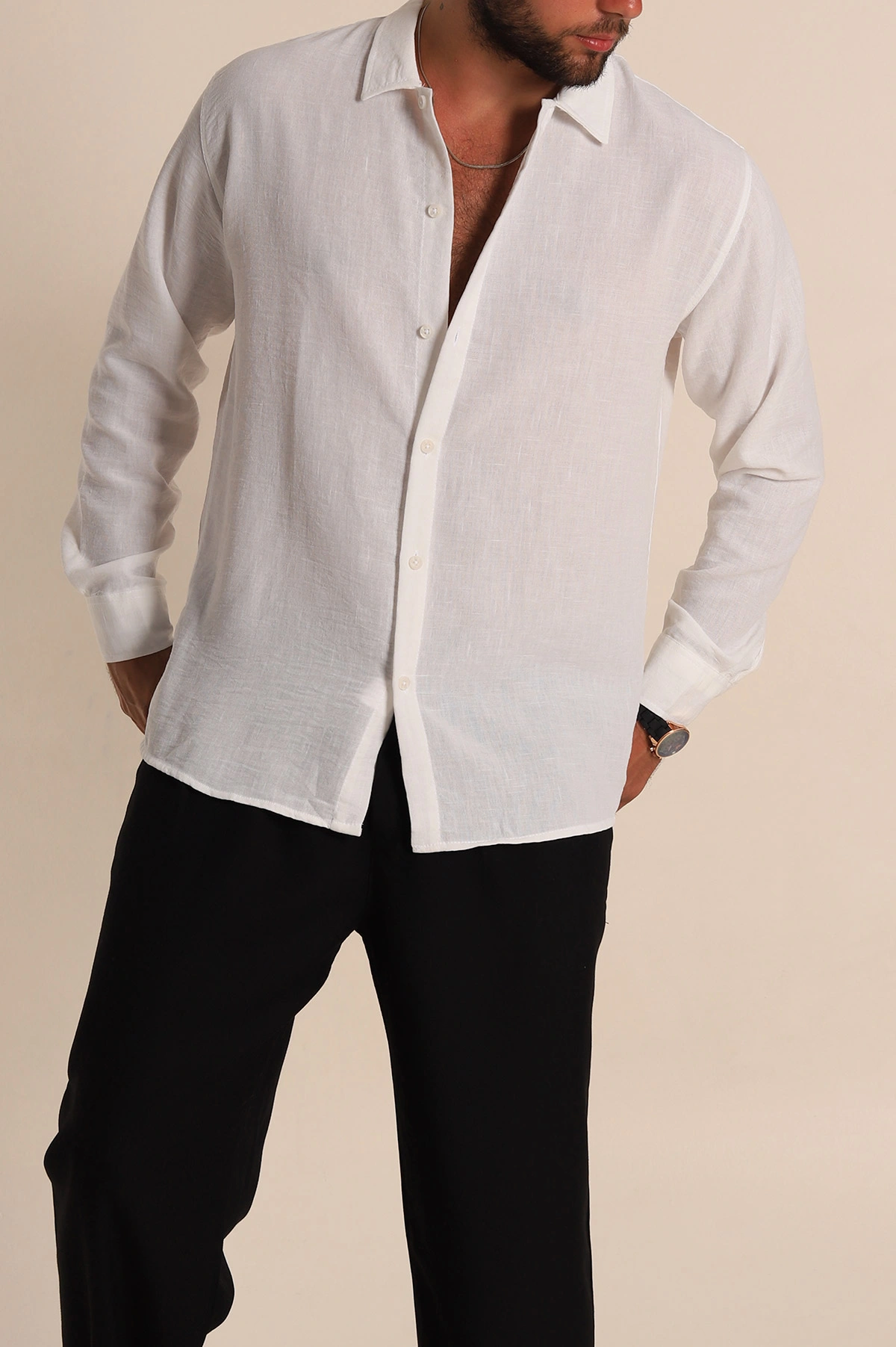 Beyaz Relaxed Fit Keten Erkek Gömlek 283765