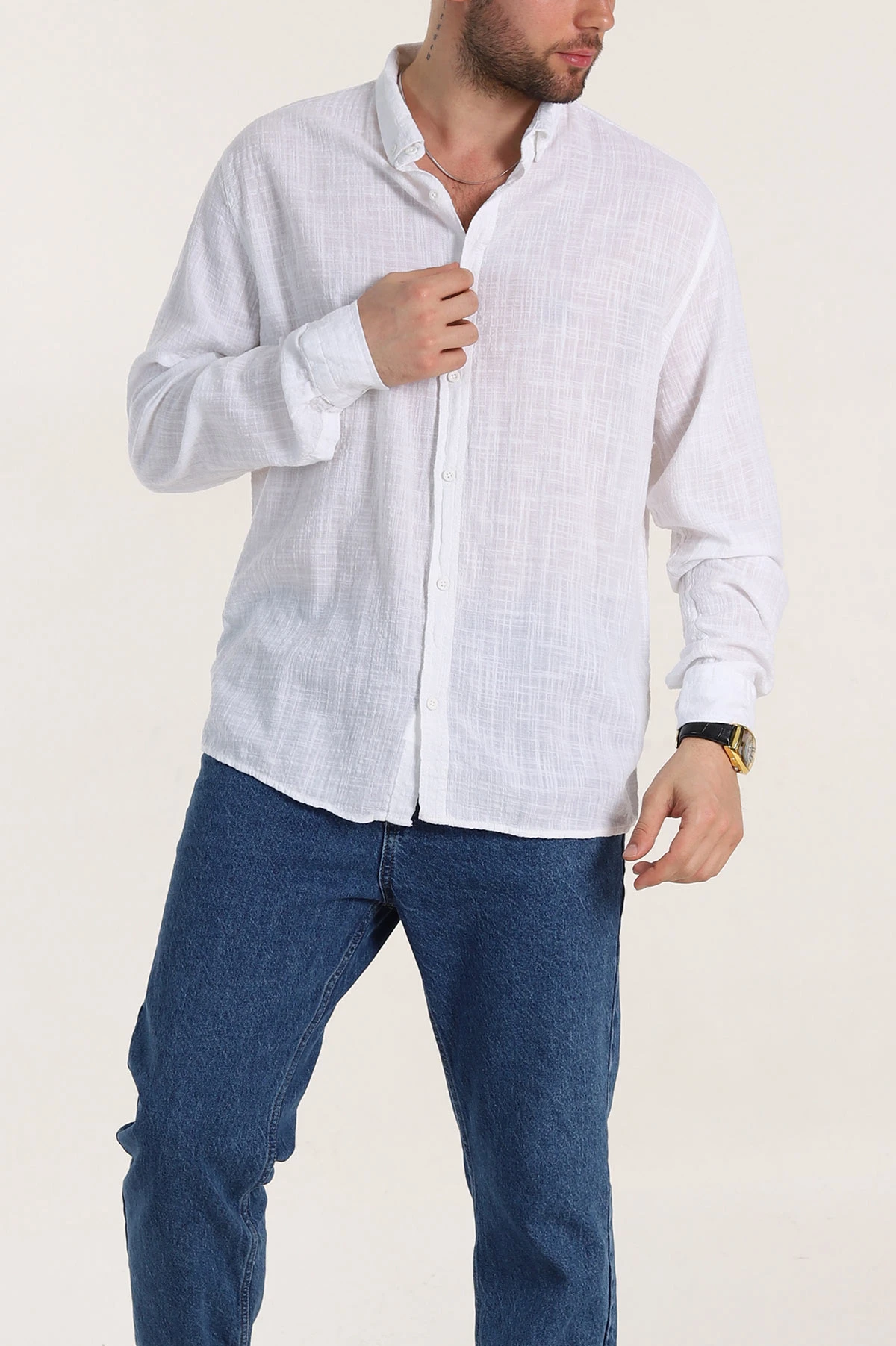 Beyaz Relaxed Fit Keten Kare Dokulu Ata Yaka Erkek Gömlek 339183