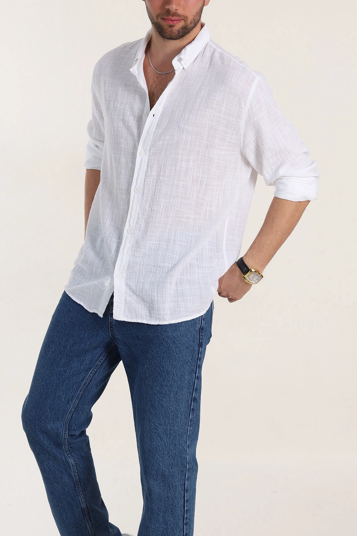 Beyaz Relaxed Fit Keten Kare Dokulu Ata Yaka Erkek Gömlek 339183