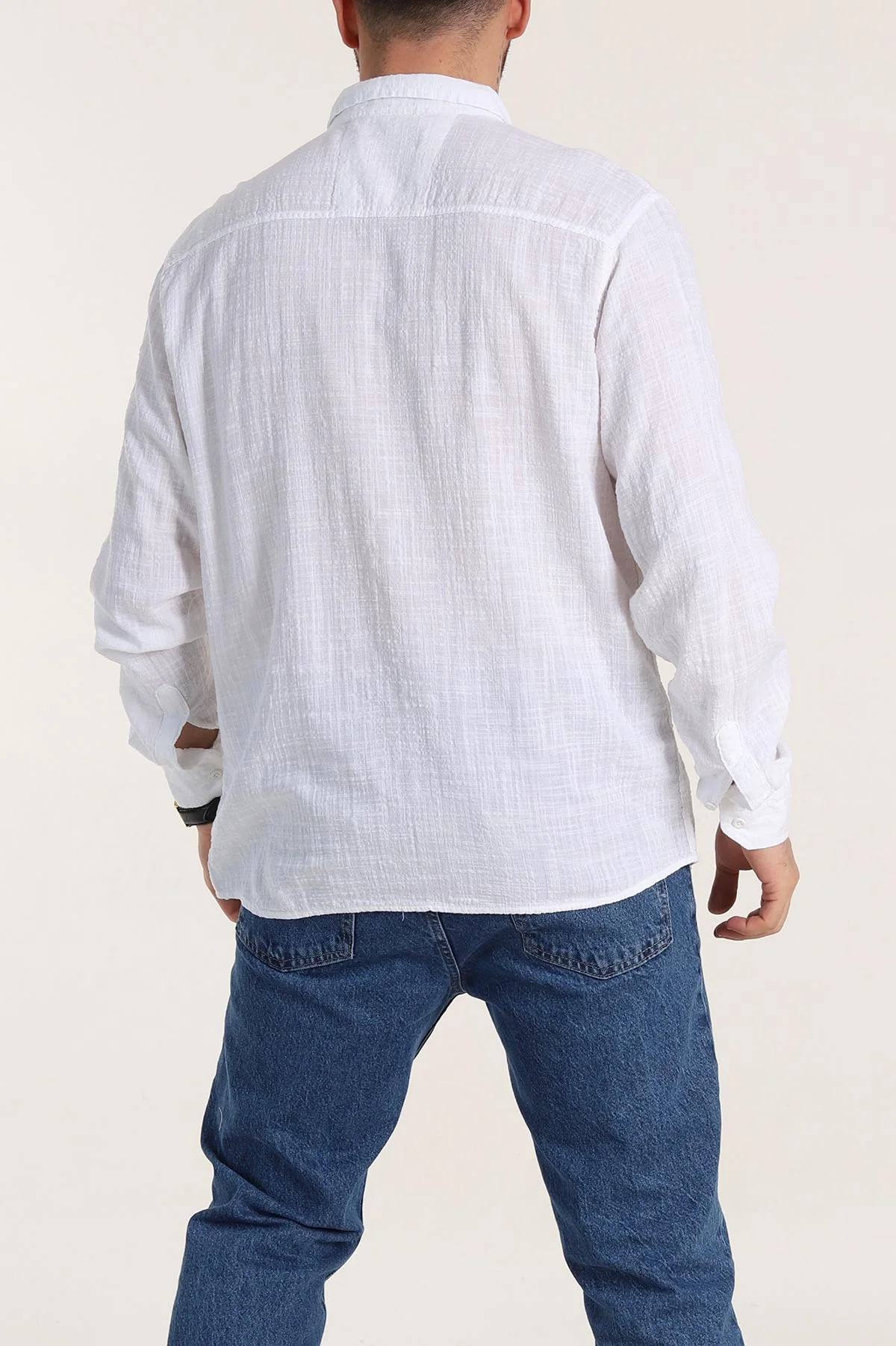 Beyaz Relaxed Fit Keten Kare Dokulu Ata Yaka Erkek Gömlek 339183