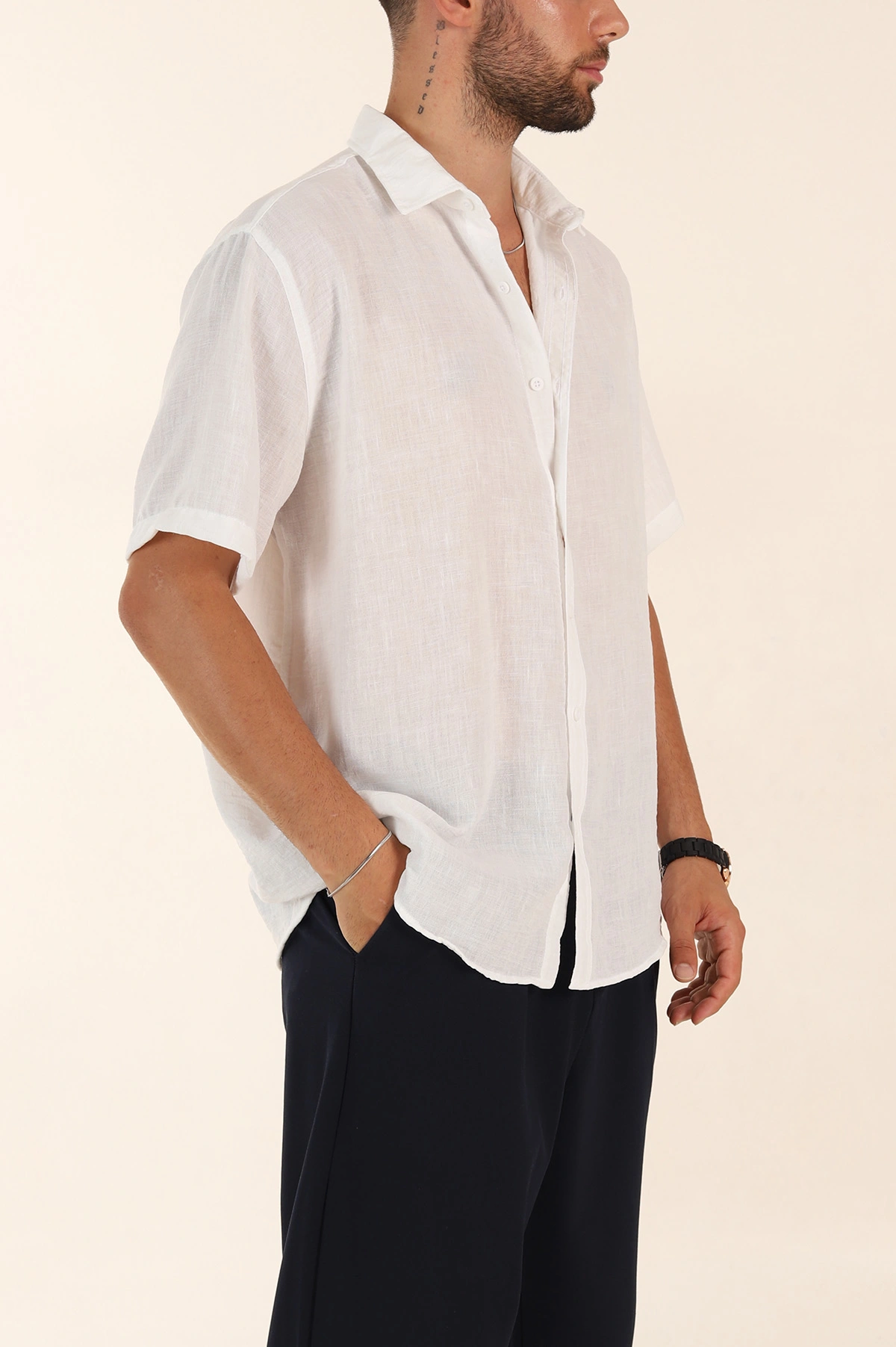 Beyaz Relaxed Fit Keten Kısa Kollu Erkek Gömlek 376974