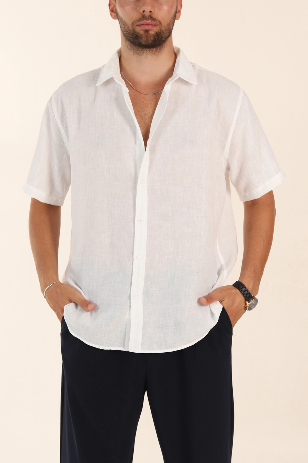 Beyaz Relaxed Fit Keten Kısa Kollu Erkek Gömlek 376974