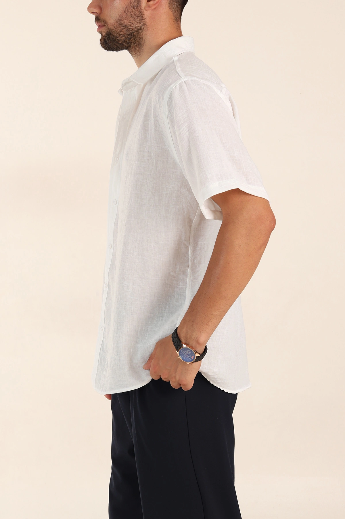 Beyaz Relaxed Fit Keten Kısa Kollu Erkek Gömlek 376974