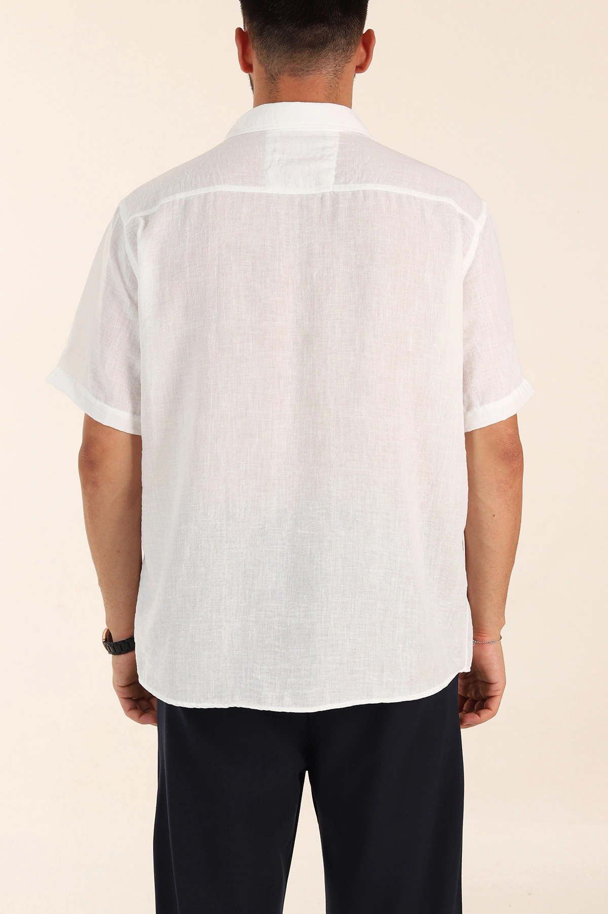 Beyaz Relaxed Fit Keten Kısa Kollu Erkek Gömlek 376974