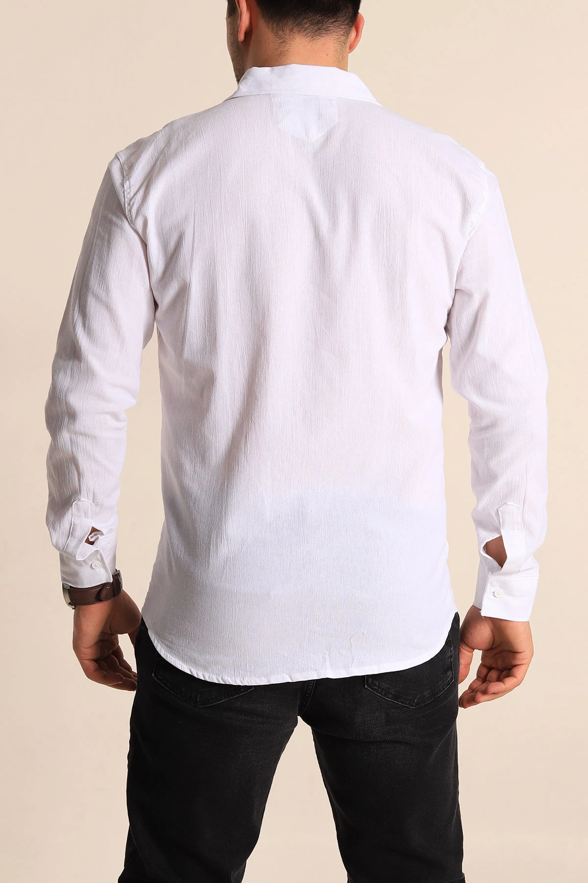 Beyaz Relaxed Fit Kırınkıl Keten Erkek Gömlek 256994