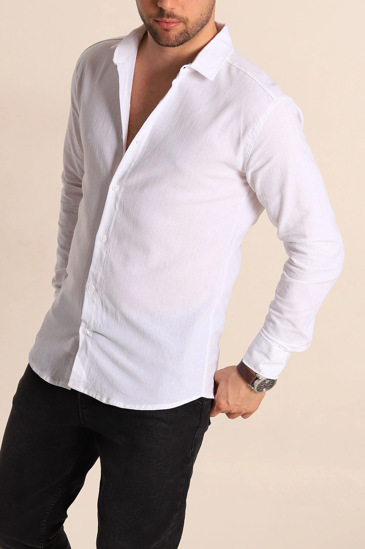 Beyaz Relaxed Fit Kırınkıl Keten Erkek Gömlek 256994