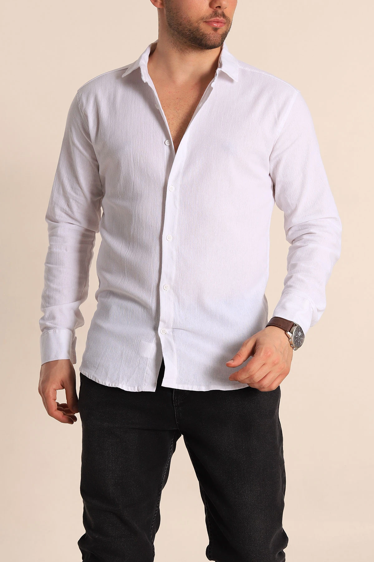 Beyaz Relaxed Fit Kırınkıl Keten Erkek Gömlek 256994