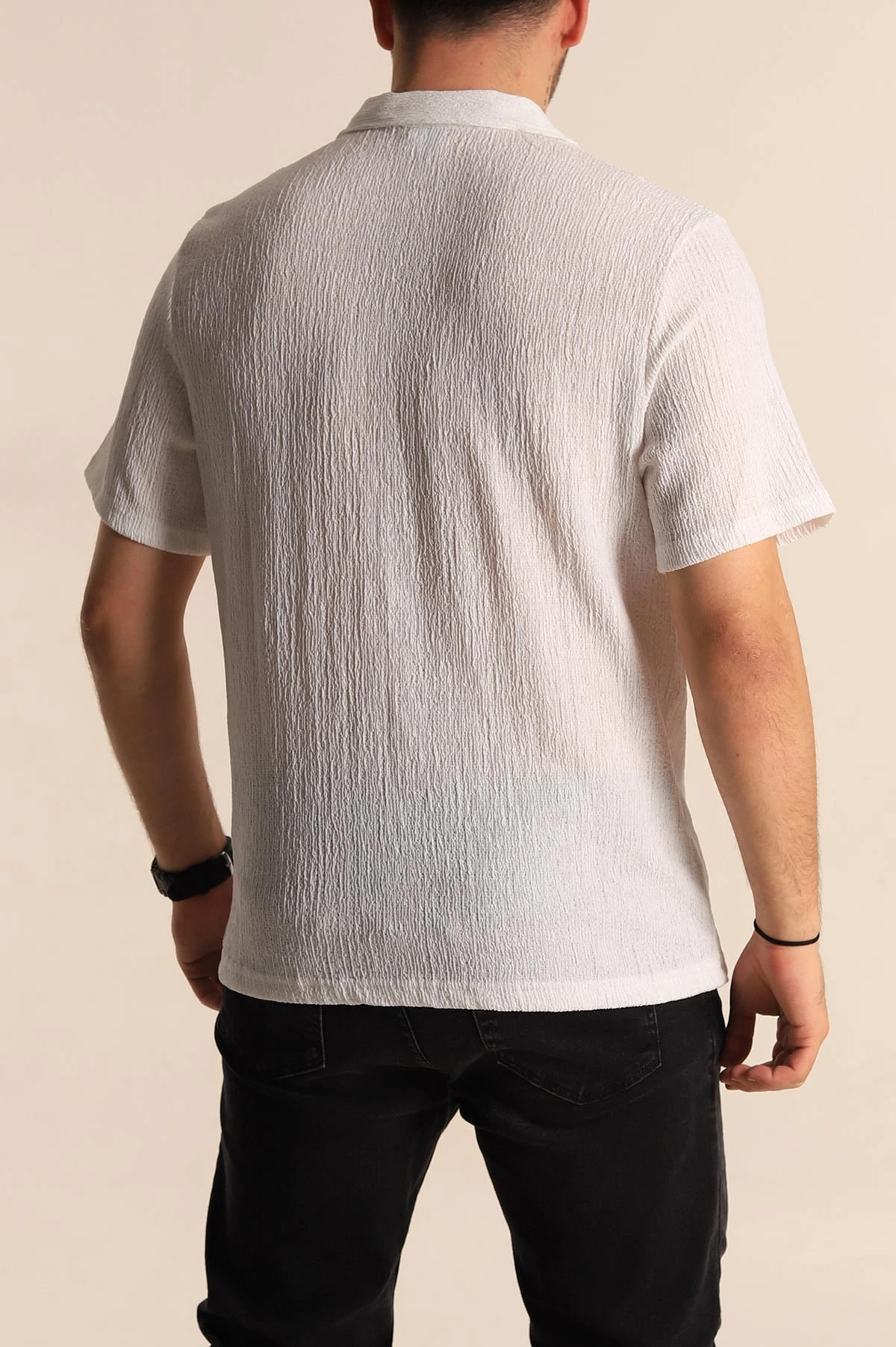 Beyaz Relaxed Fit Melanjlı Fermuarlı Polo Yaka Erkek Tişört 267655