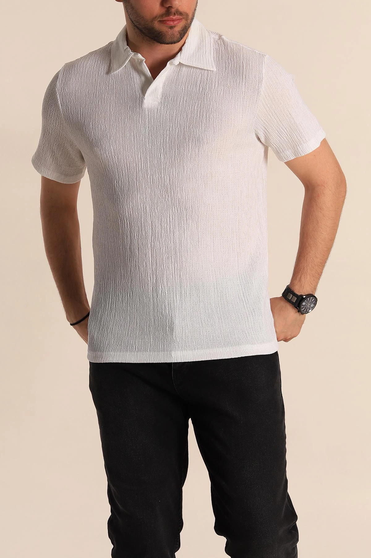 Beyaz Relaxed Fit Melanjlı Patlı Polo Yaka Erkek Tişört 267629