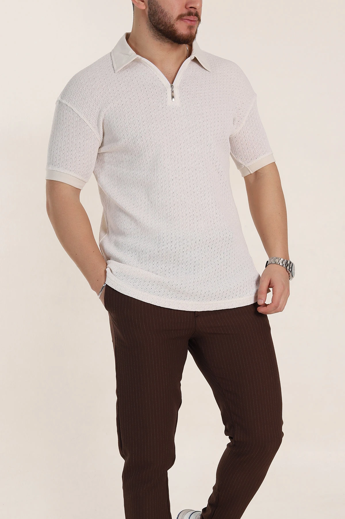 Beyaz Relaxed Fit Mikro Delikli Fermuarlı Polo Yaka Erkek Tişört 352005