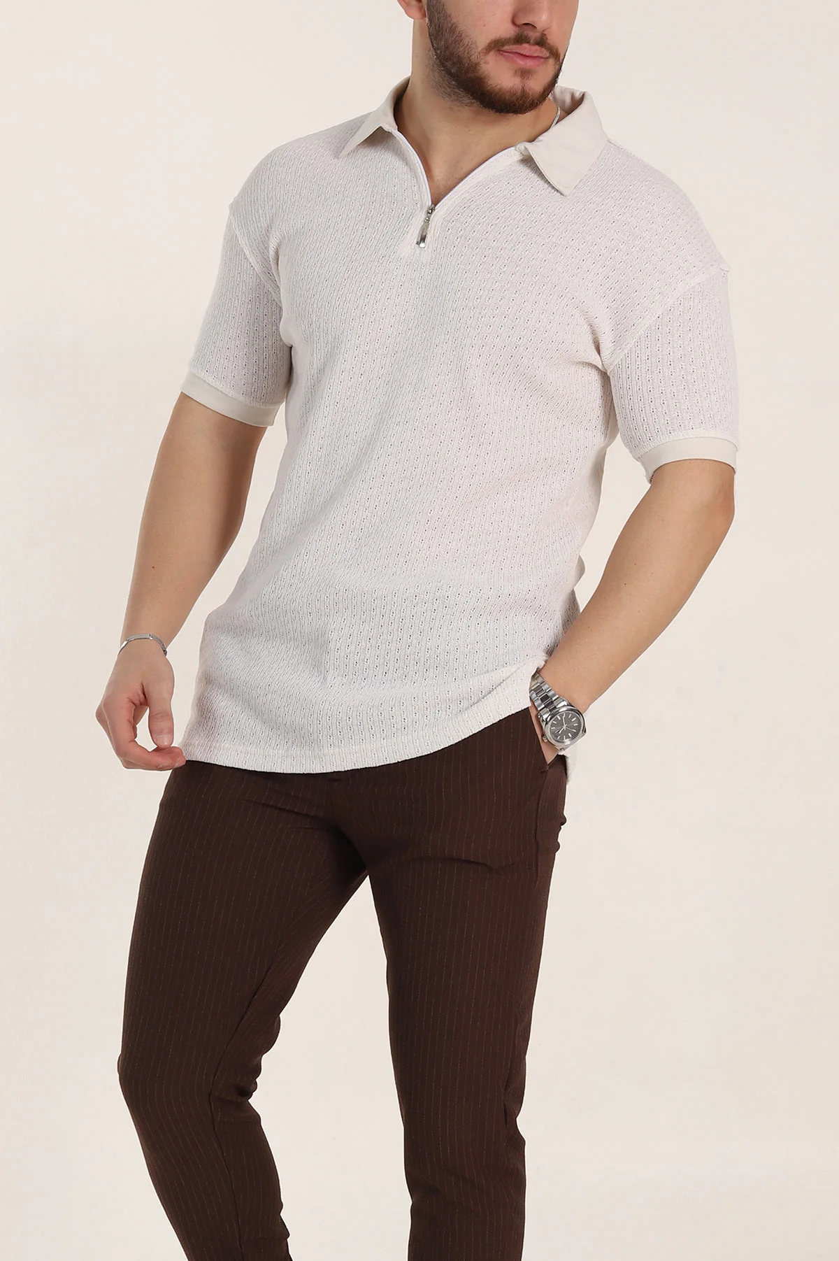 Beyaz Relaxed Fit Mikro Delikli Fermuarlı Polo Yaka Erkek Tişört 352005