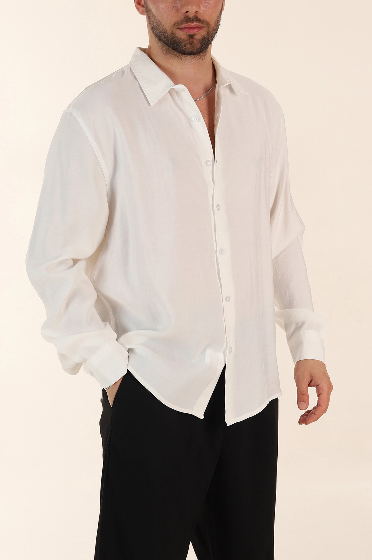 Beyaz Relaxed Fit Modal Kumaş Uzun Kollu Erkek Gömlek 368661