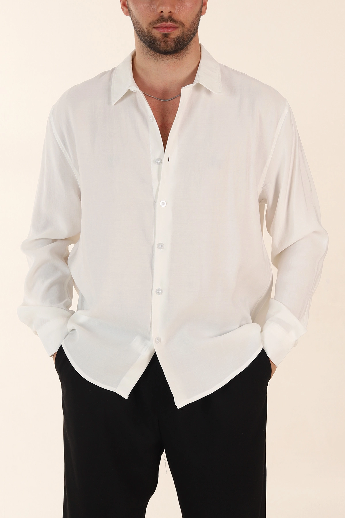 Beyaz Relaxed Fit Modal Kumaş Uzun Kollu Erkek Gömlek 368661