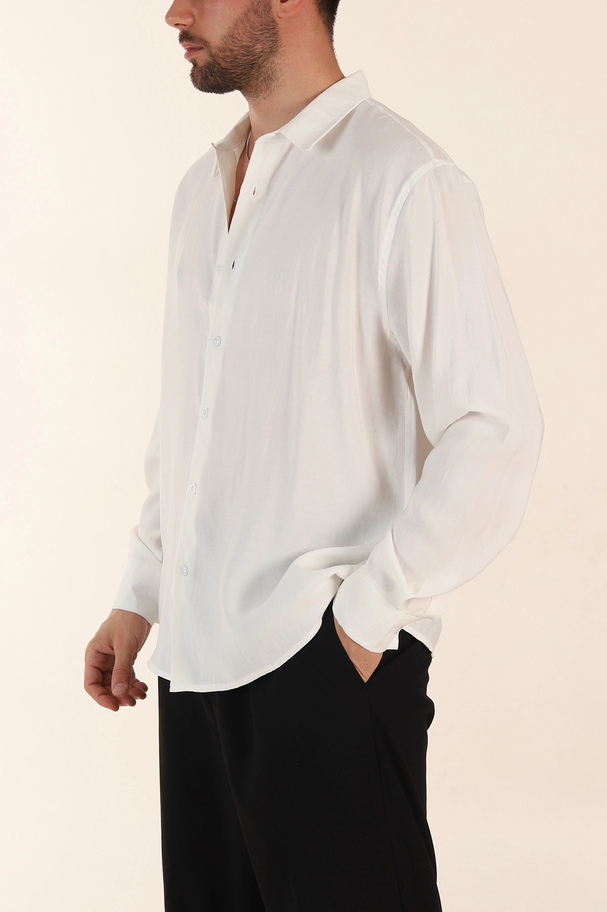 Beyaz Relaxed Fit Modal Kumaş Uzun Kollu Erkek Gömlek 368661