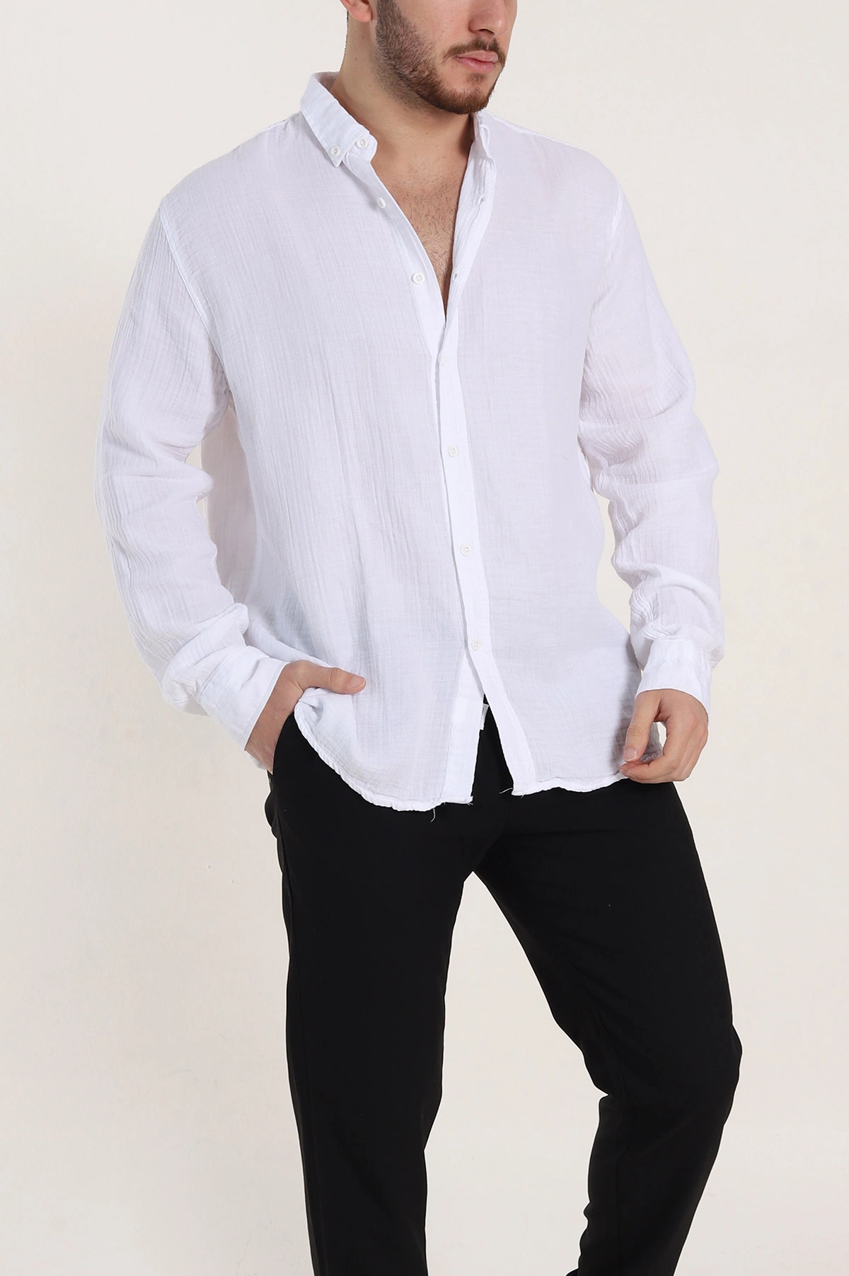 Beyaz Relaxed Fit Müslin Keten Ata Yaka Erkek Gömlek 339159