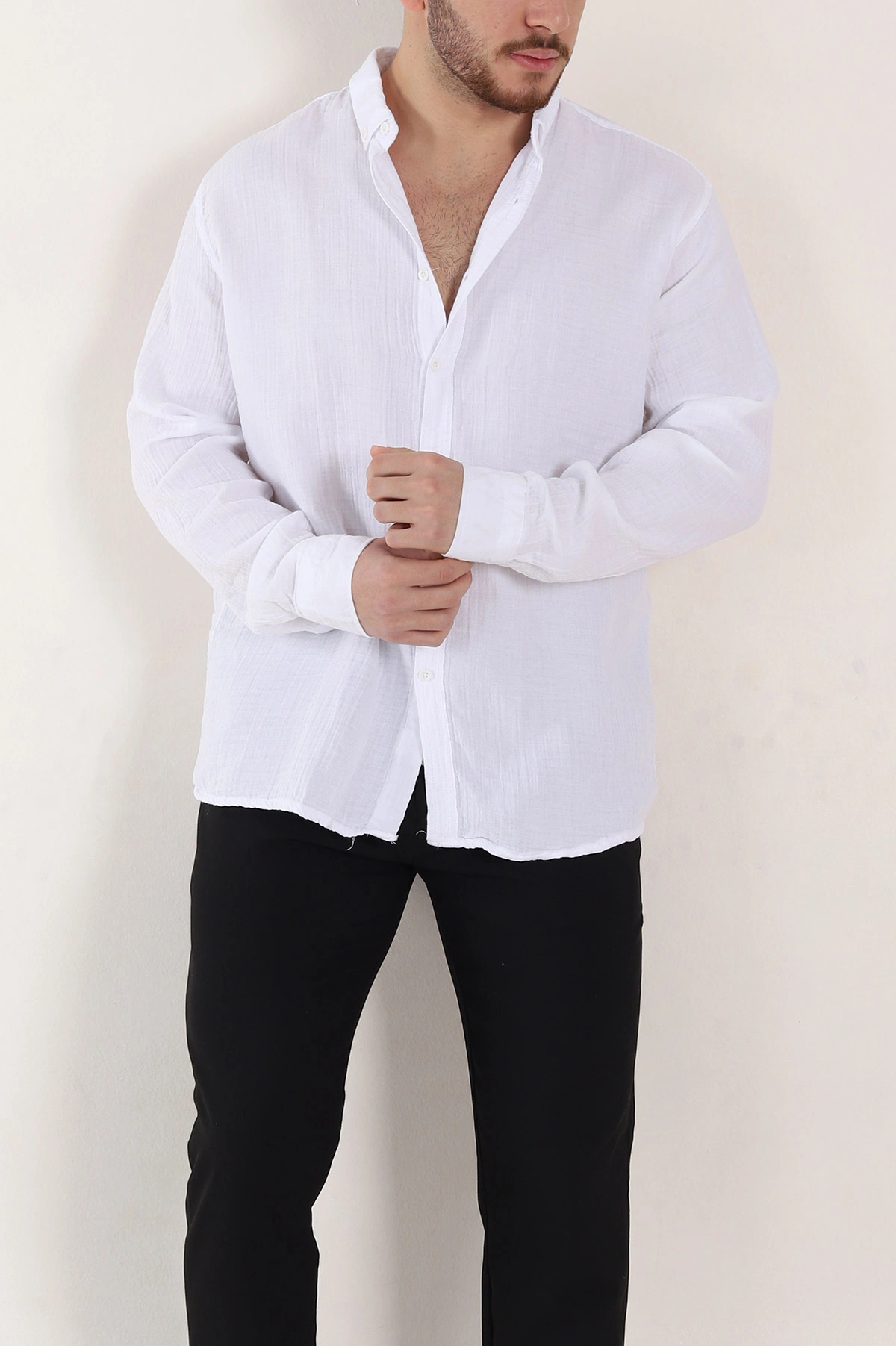 Beyaz Relaxed Fit Müslin Keten Ata Yaka Erkek Gömlek 339159
