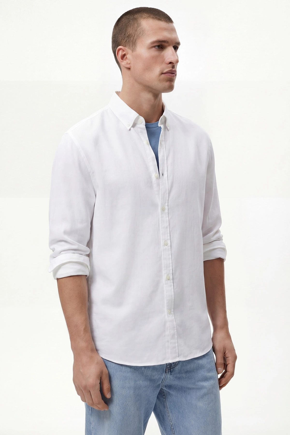 Beyaz Relaxed Fit Müslin Keten Ata Yaka Erkek Gömlek 435758
