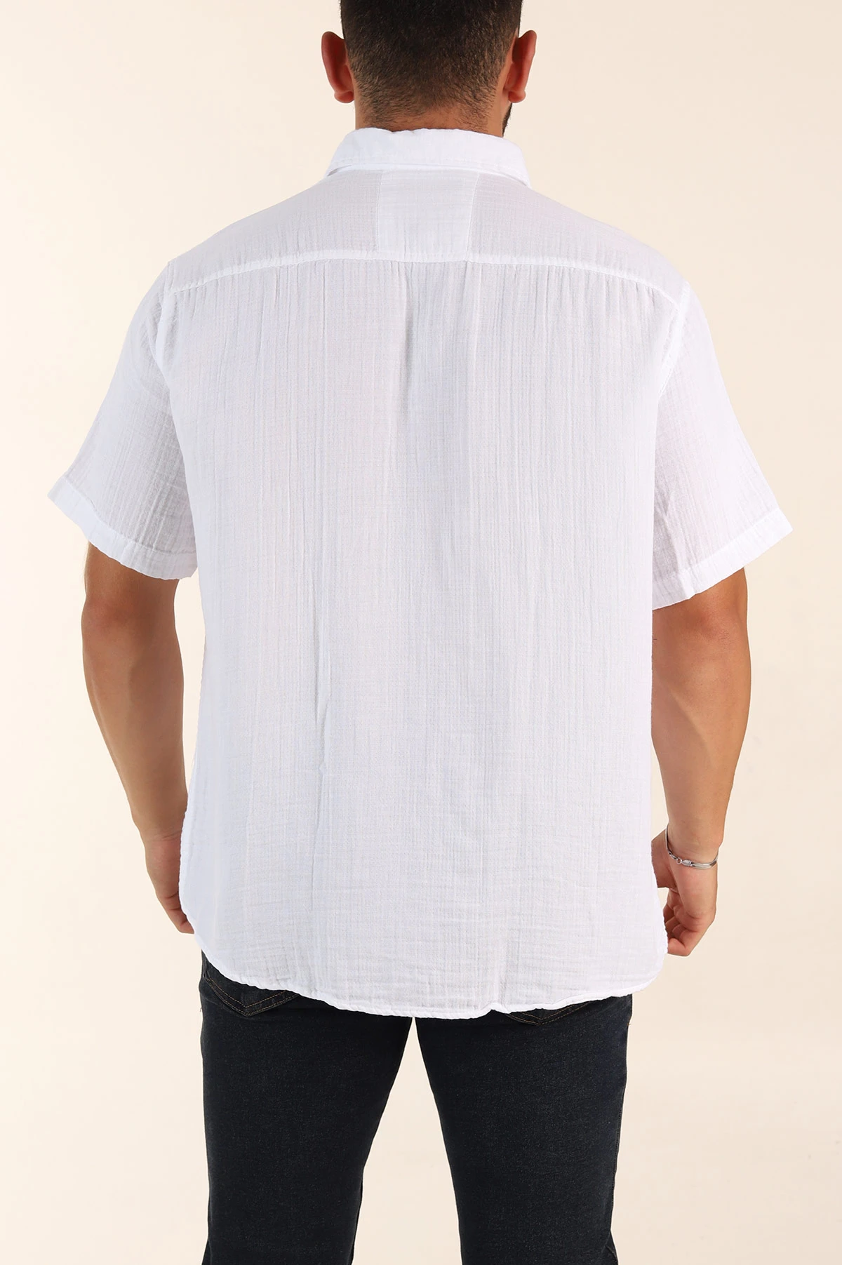 Beyaz Relaxed Fit Müslin Keten Kısa Kollu Erkek Gömlek 376949