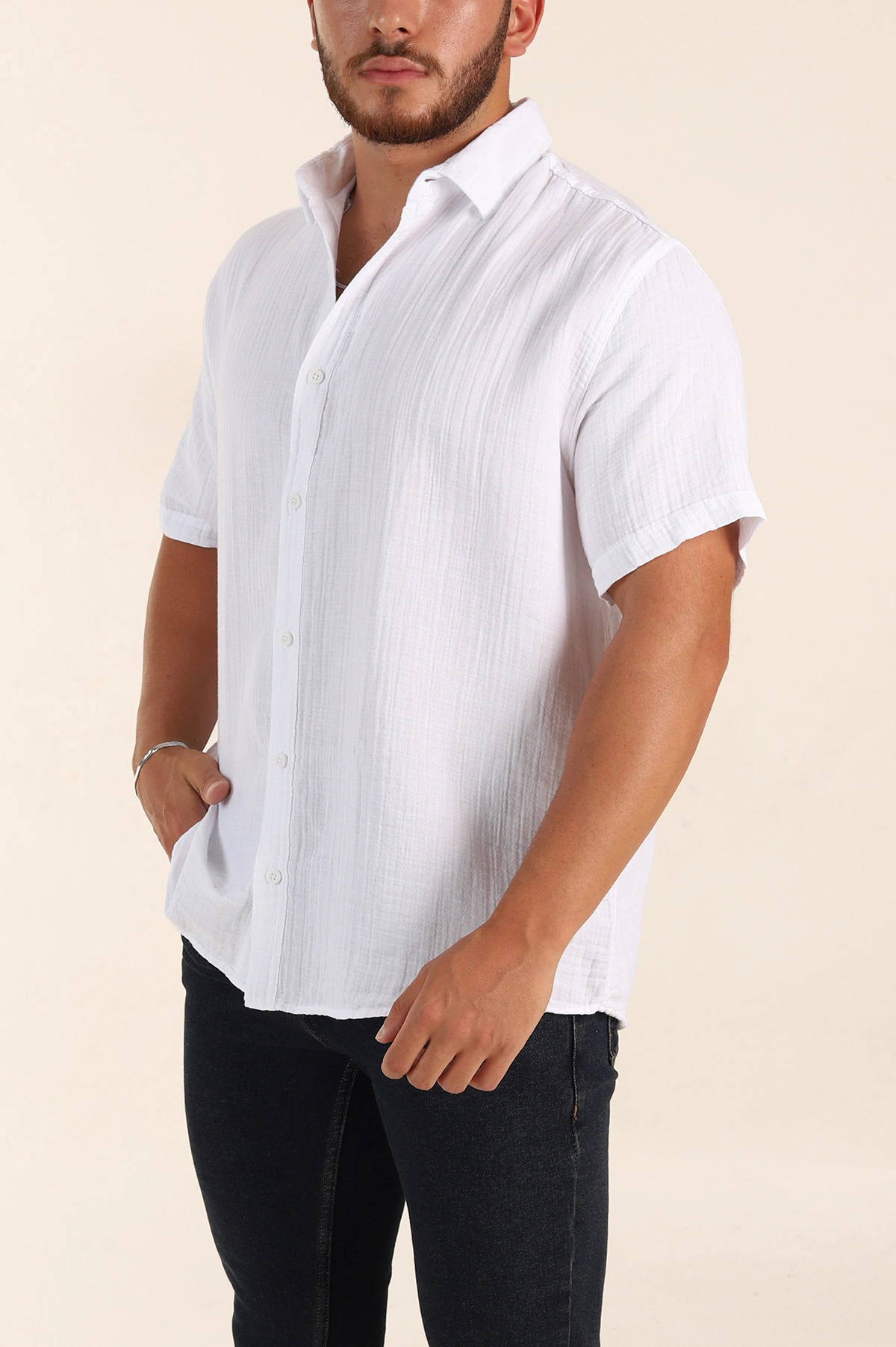 Beyaz Relaxed Fit Müslin Keten Kısa Kollu Erkek Gömlek 376949