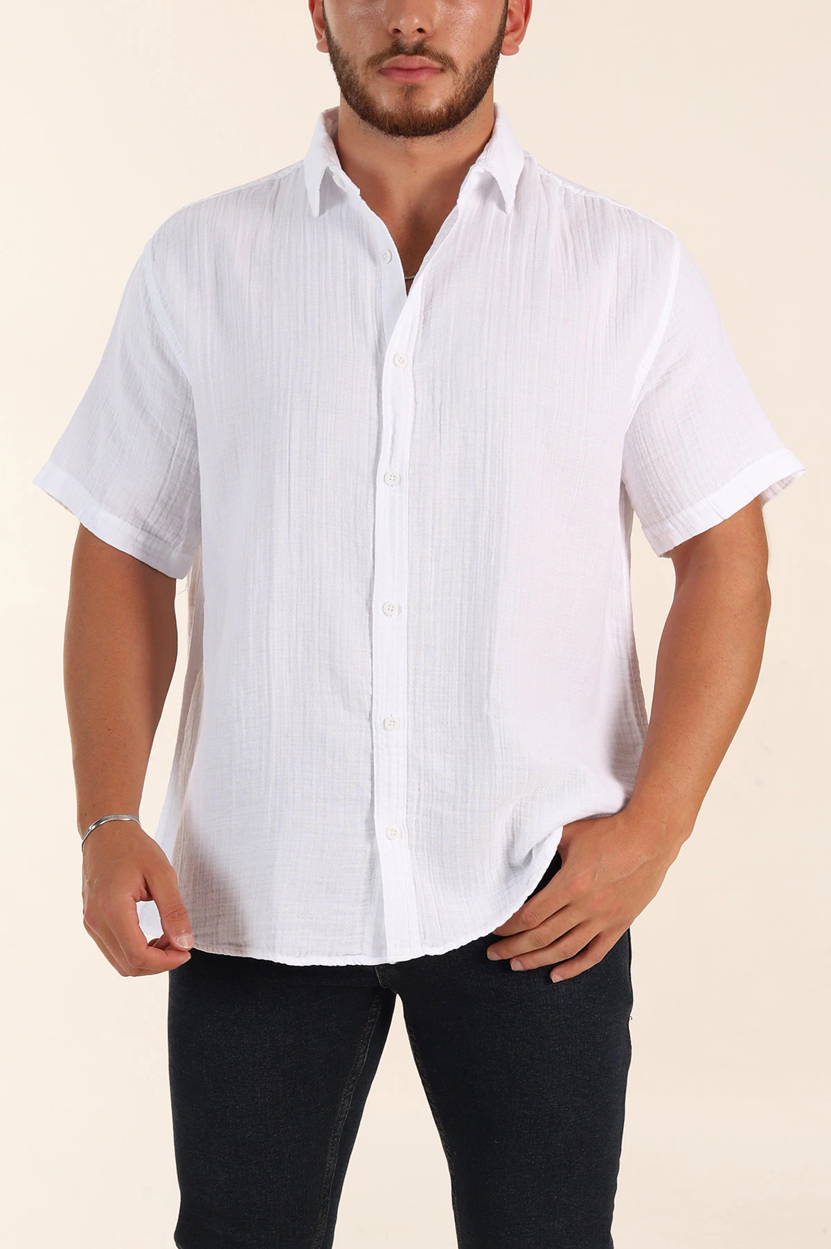 Beyaz Relaxed Fit Müslin Keten Kısa Kollu Erkek Gömlek 376949