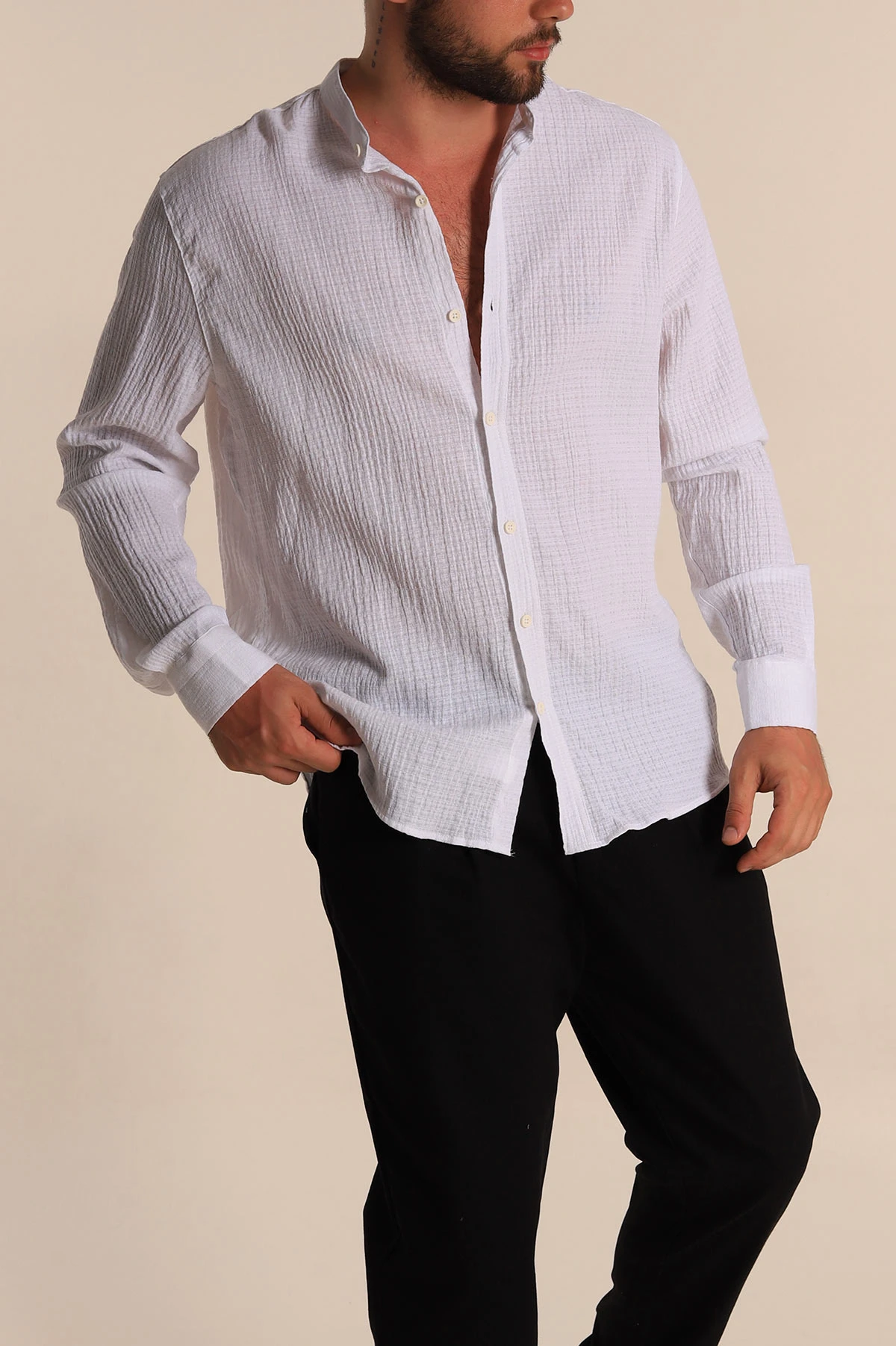 Beyaz Relaxed Fit Müslin Kumaş Hakim Erkek Gömlek 275669