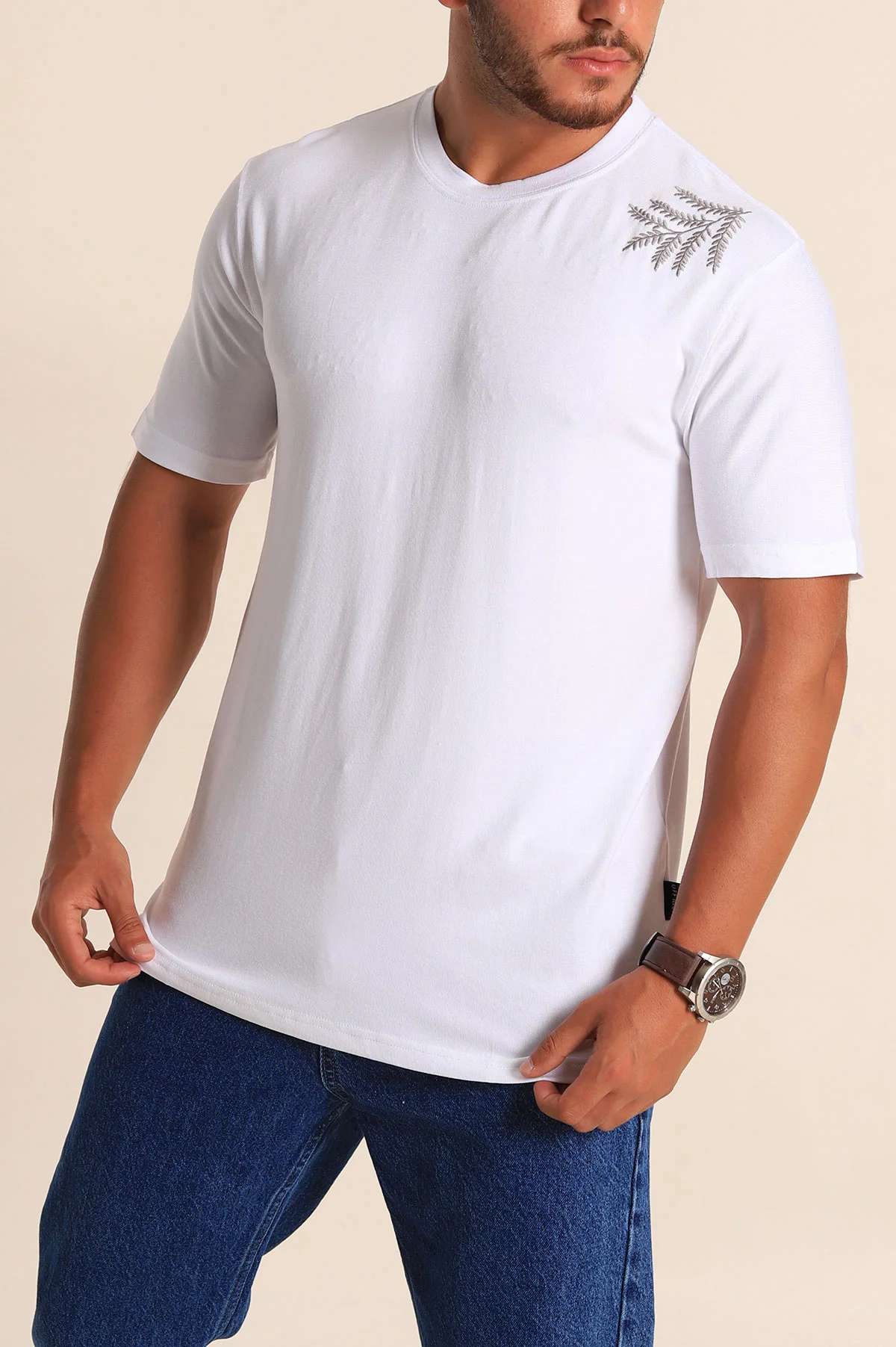 Beyaz Relaxed Fit Nakış Detaylı Likralı Erkek Tişört 268518