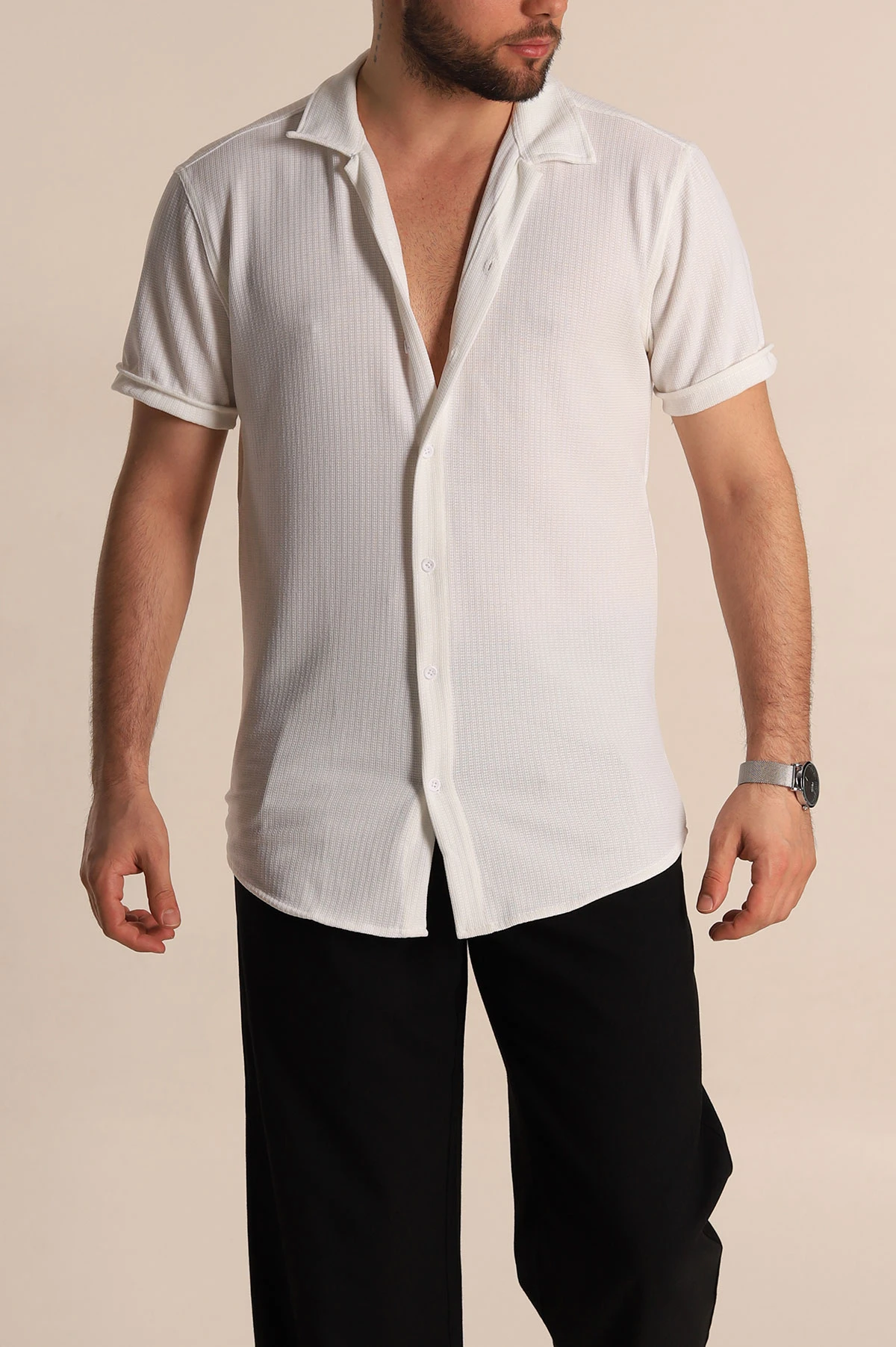 Beyaz Relaxed Fit Örme Duble Kısa Kollu Erkek Gömlek 275341