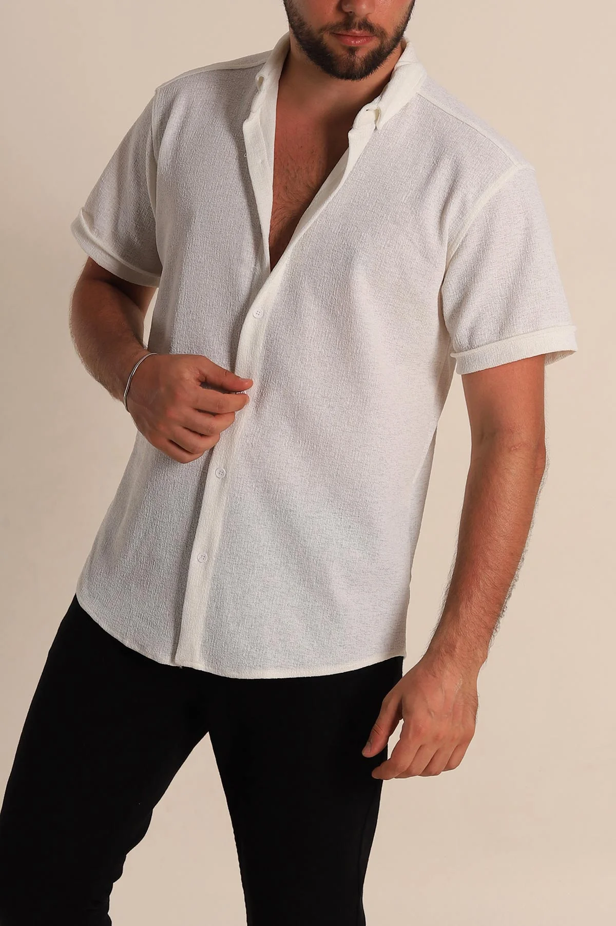 Beyaz Relaxed Fit Örme Duble Kısa Kollu Erkek Gömlek 278363