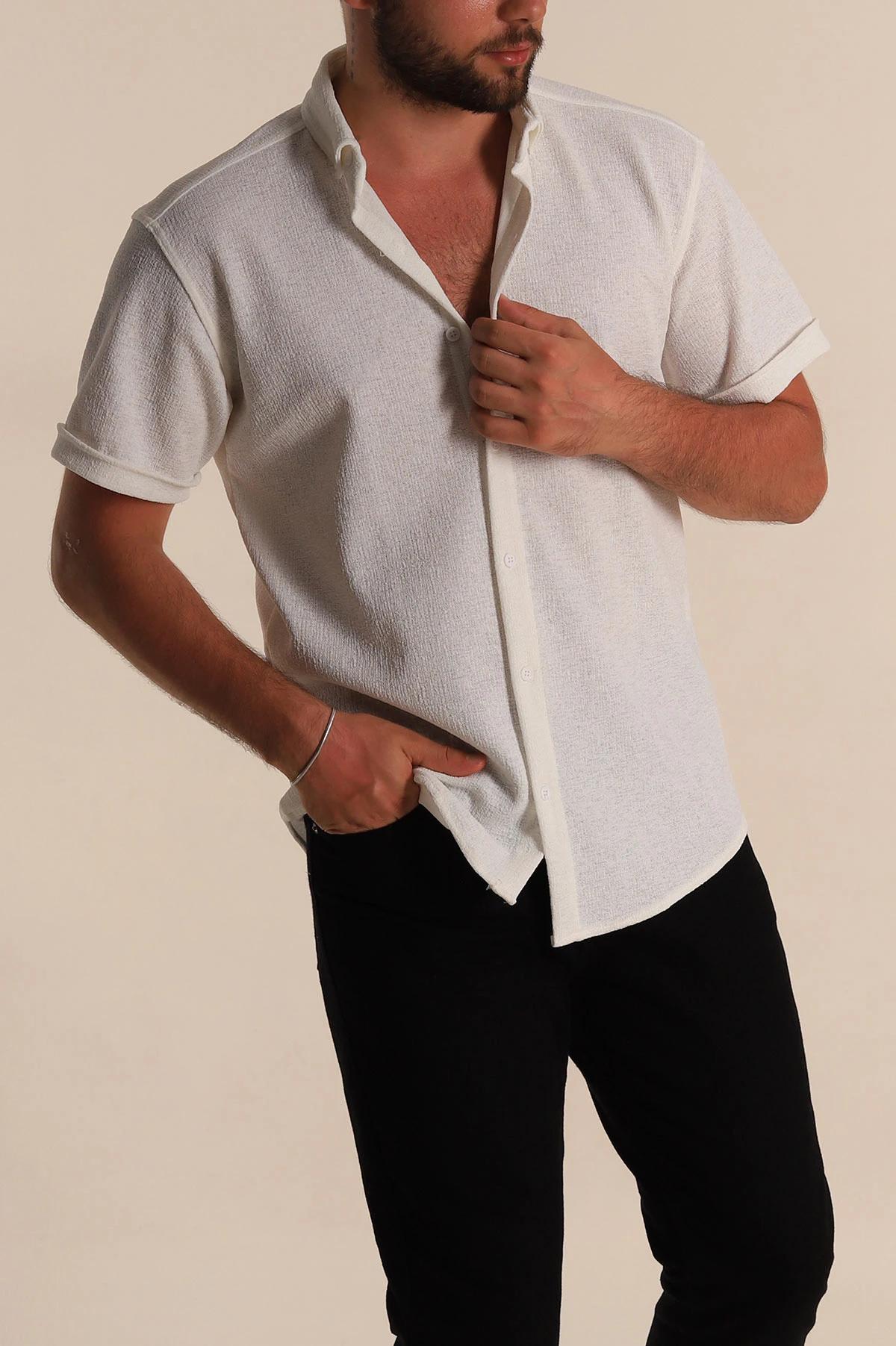 Beyaz Relaxed Fit Örme Duble Kısa Kollu Erkek Gömlek 278363