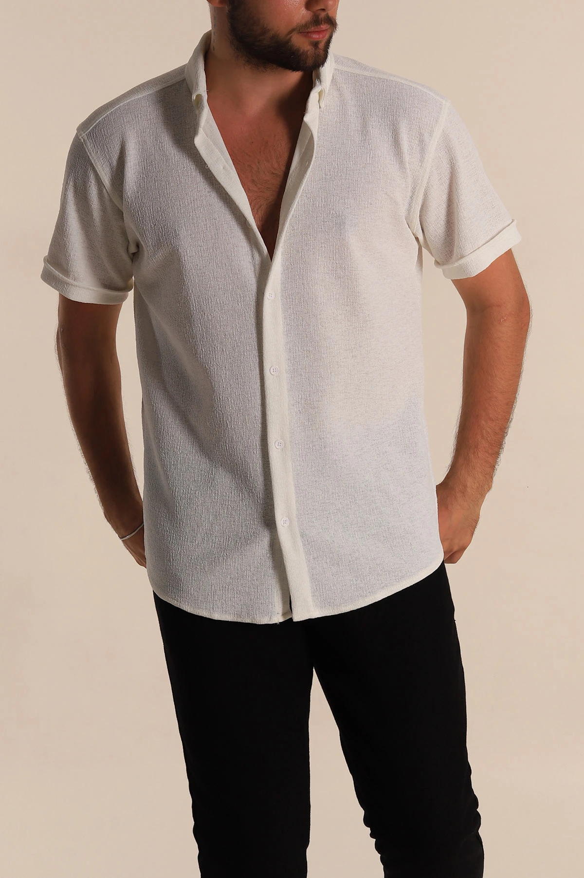 Beyaz Relaxed Fit Örme Duble Kısa Kollu Erkek Gömlek 278363