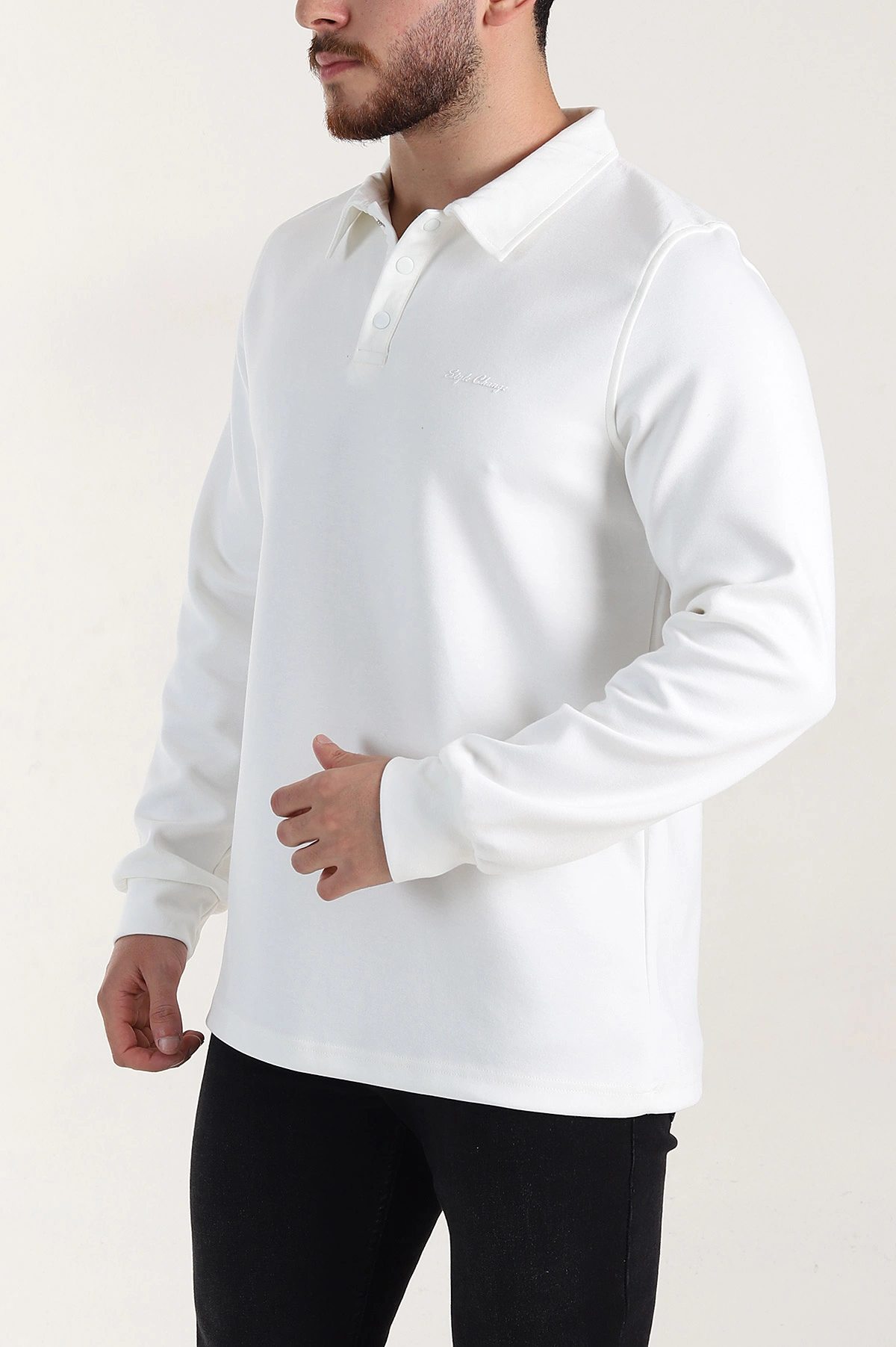 Beyaz Relaxed Fit Oysho Kumaş Düğmeli Polo Yaka Erkek Sweatshirt 399524