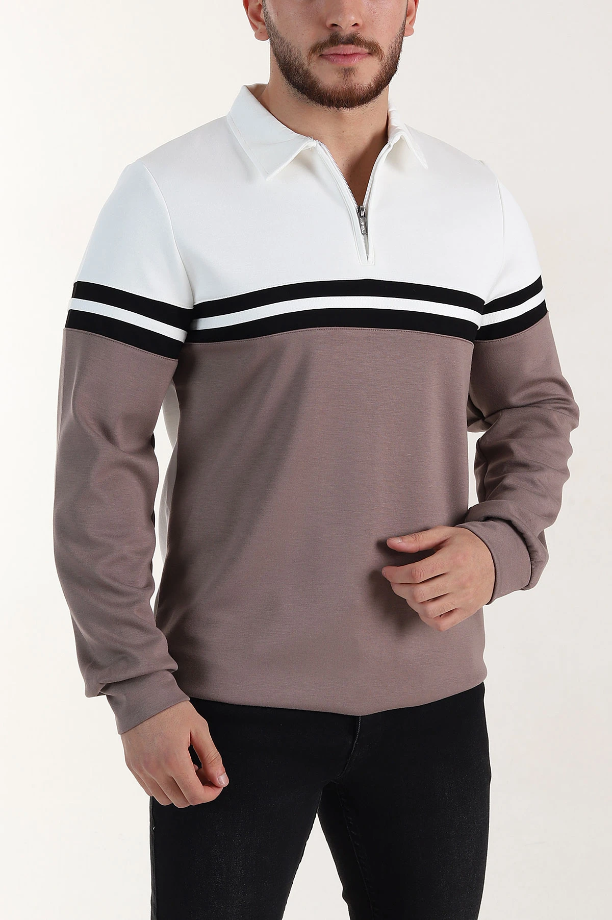 Beyaz Relaxed Fit Oysho Kumaş Fermuarlı Polo Yaka Sweatshirt 399552