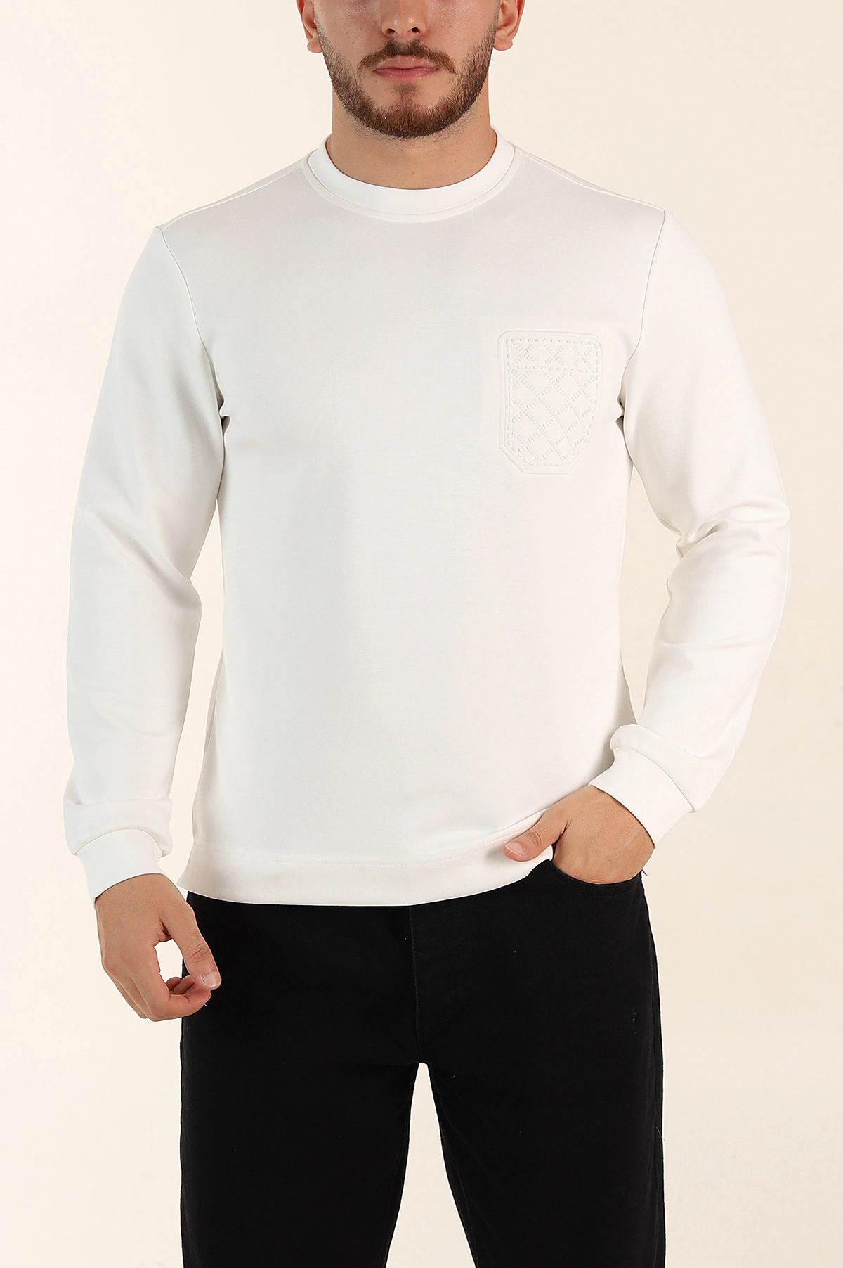 Beyaz Relaxed Fit Oysho Kumaş Kabartma Detaylı Erkek Sweatshirt 393282