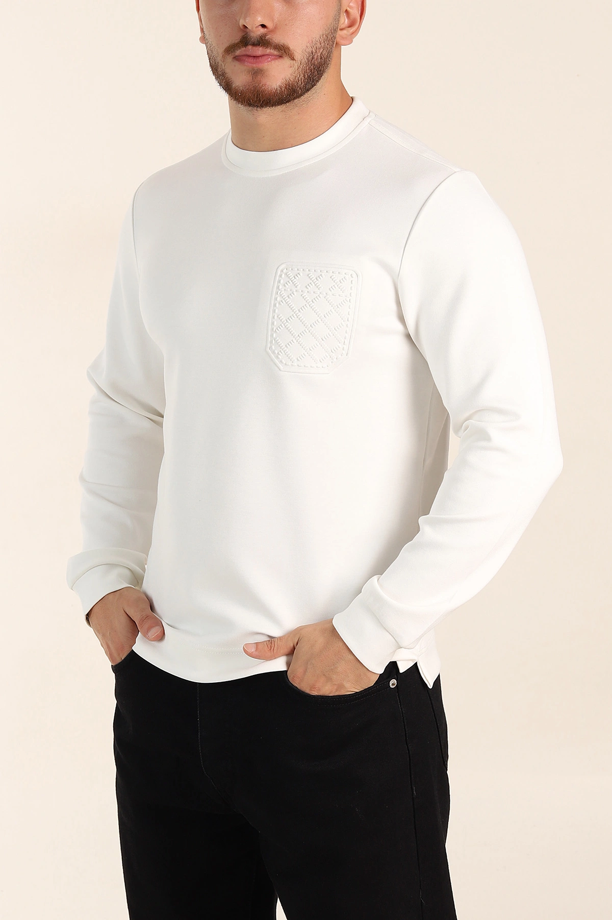 Beyaz Relaxed Fit Oysho Kumaş Kabartma Detaylı Erkek Sweatshirt 393282