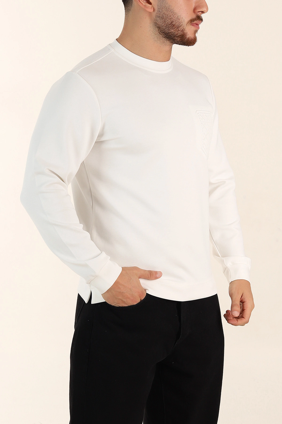 Beyaz Relaxed Fit Oysho Kumaş Kabartma Detaylı Erkek Sweatshirt 393282