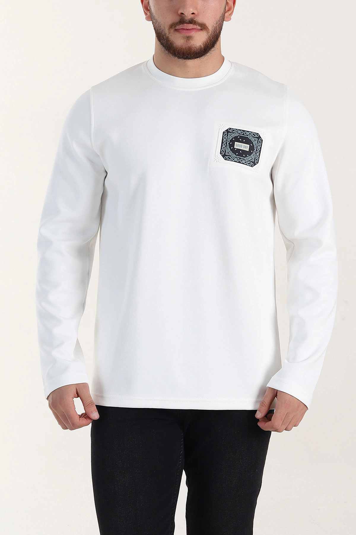 Beyaz Relaxed Fit Oysho Kumaş Kabartma Detaylı Erkek Sweatshirt 399528