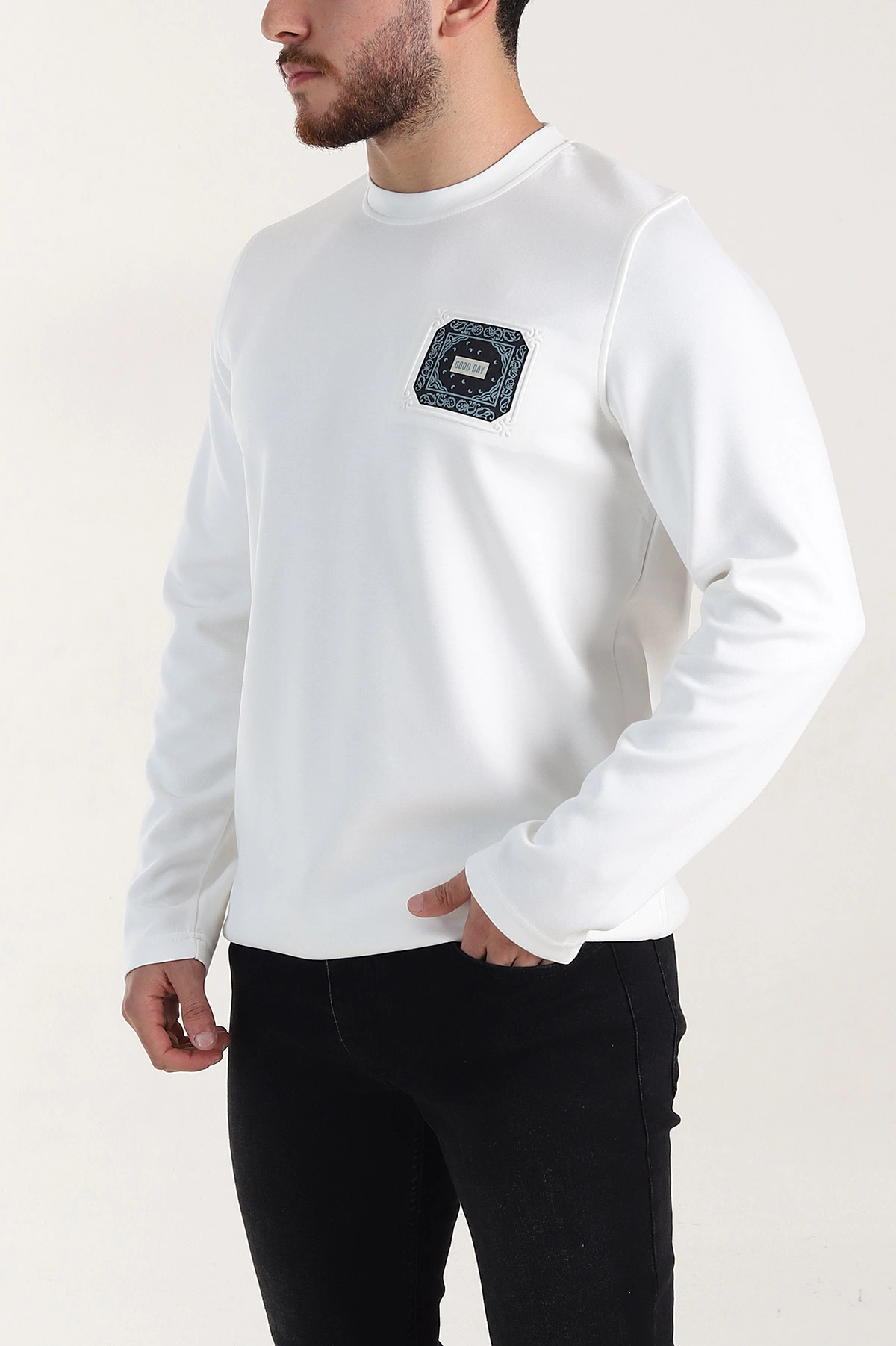 Beyaz Relaxed Fit Oysho Kumaş Kabartma Detaylı Erkek Sweatshirt 399528
