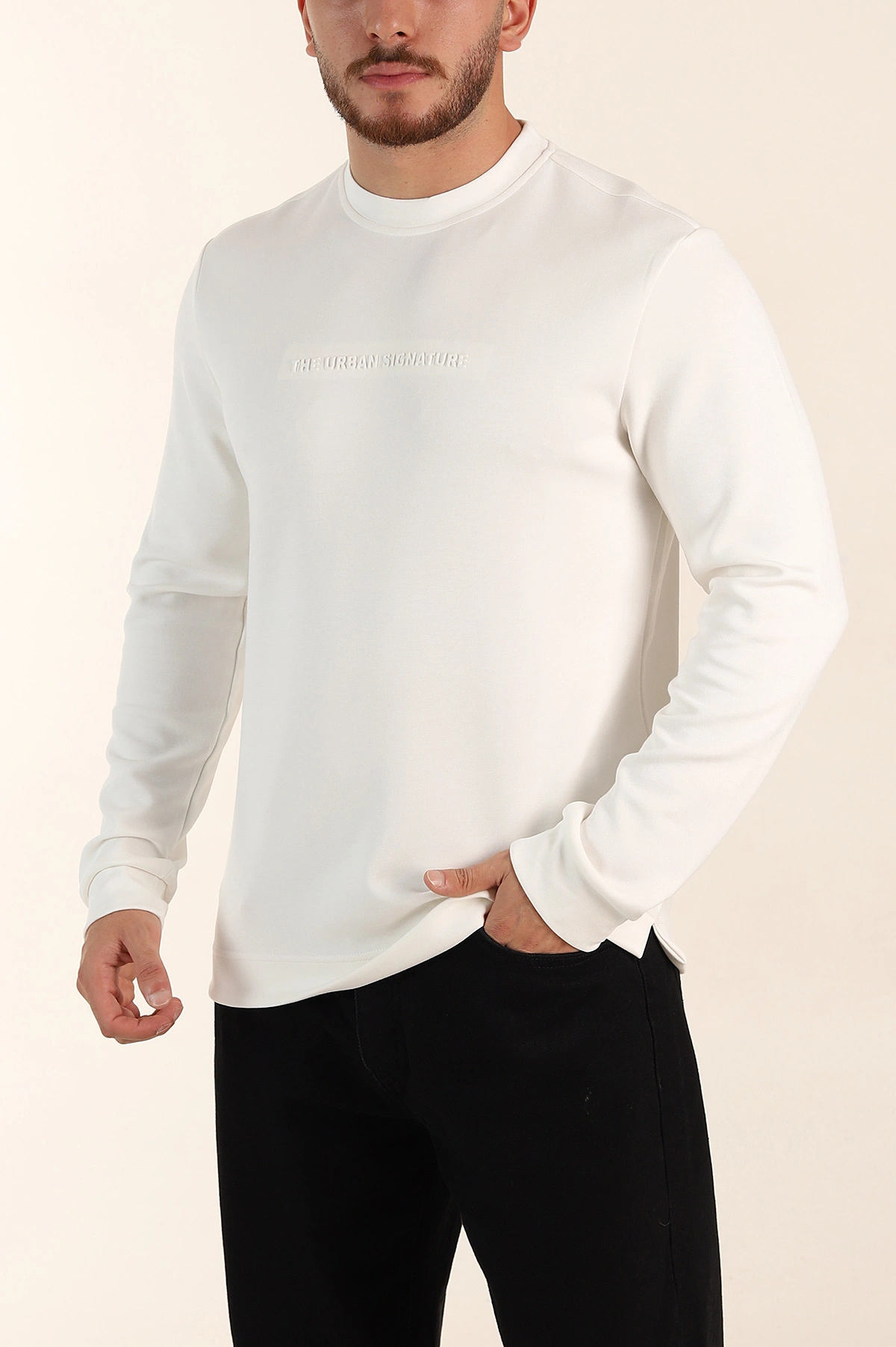 Beyaz Relaxed Fit Oysho Kumaş Kabartma Yazılı Erkek Sweatshirt 393294