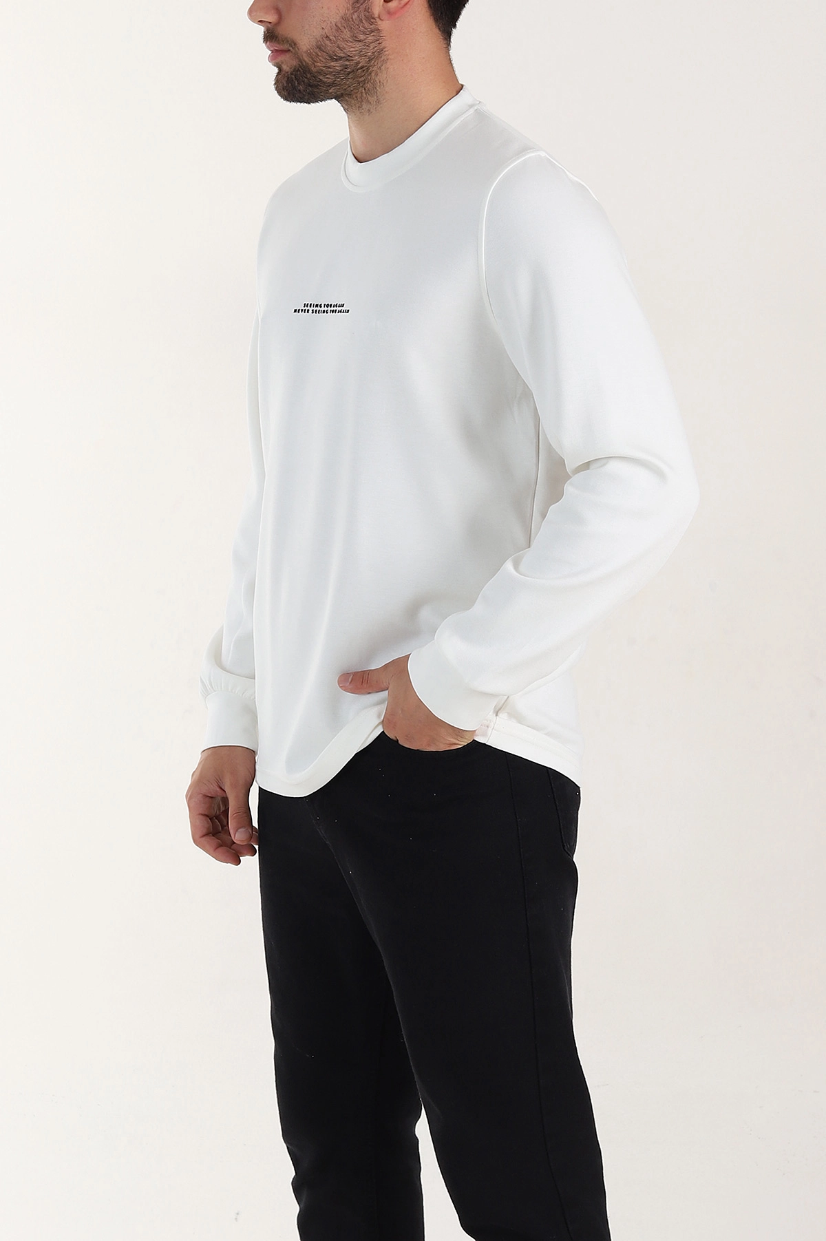 Beyaz Relaxed Fit Oysho Kumaş Kabartma Yazılı Erkek Sweatshirt 399531