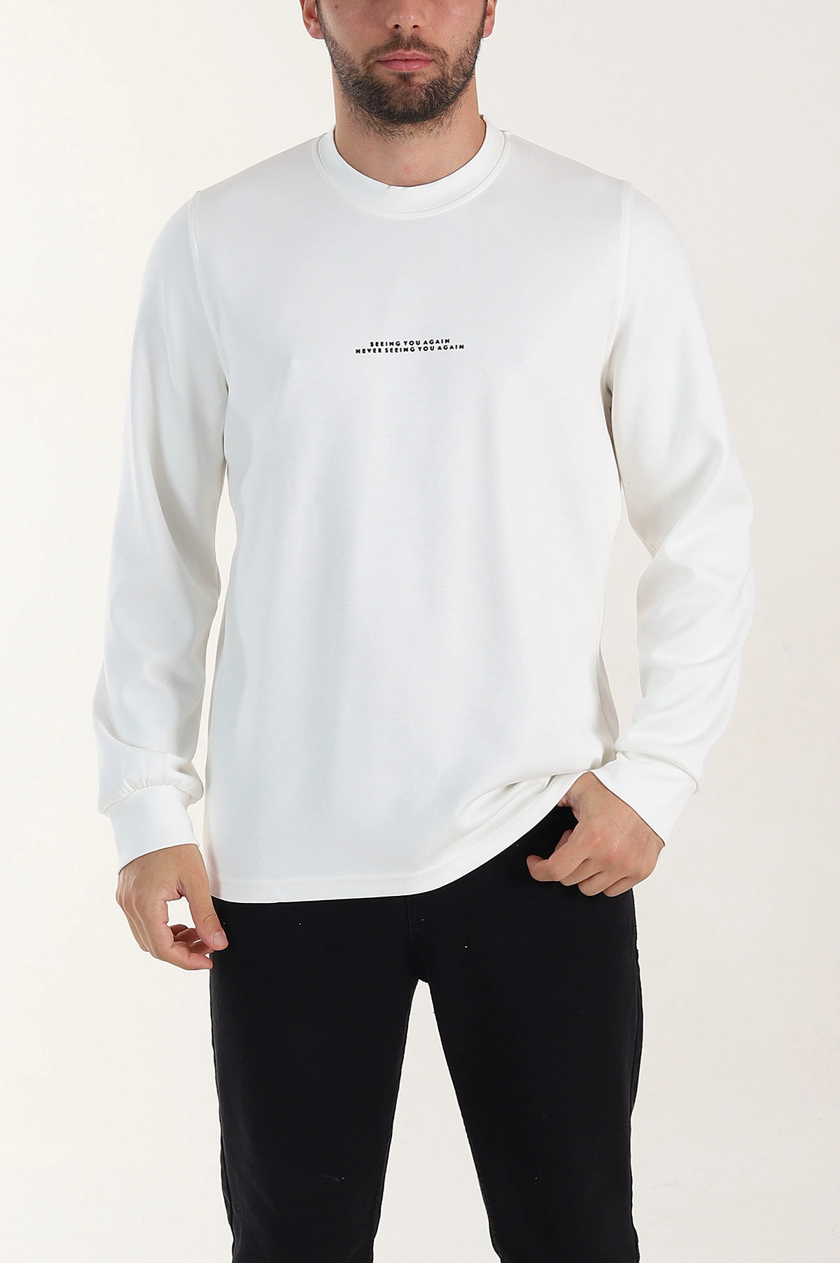 Beyaz Relaxed Fit Oysho Kumaş Kabartma Yazılı Erkek Sweatshirt 399531