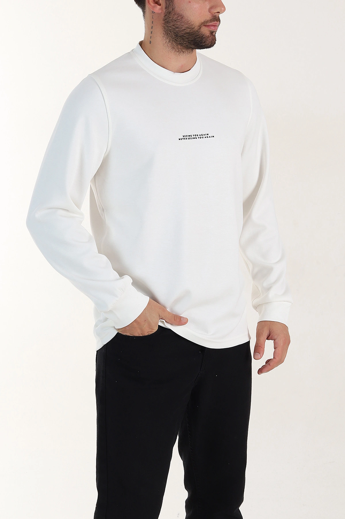 Beyaz Relaxed Fit Oysho Kumaş Kabartma Yazılı Erkek Sweatshirt 399531