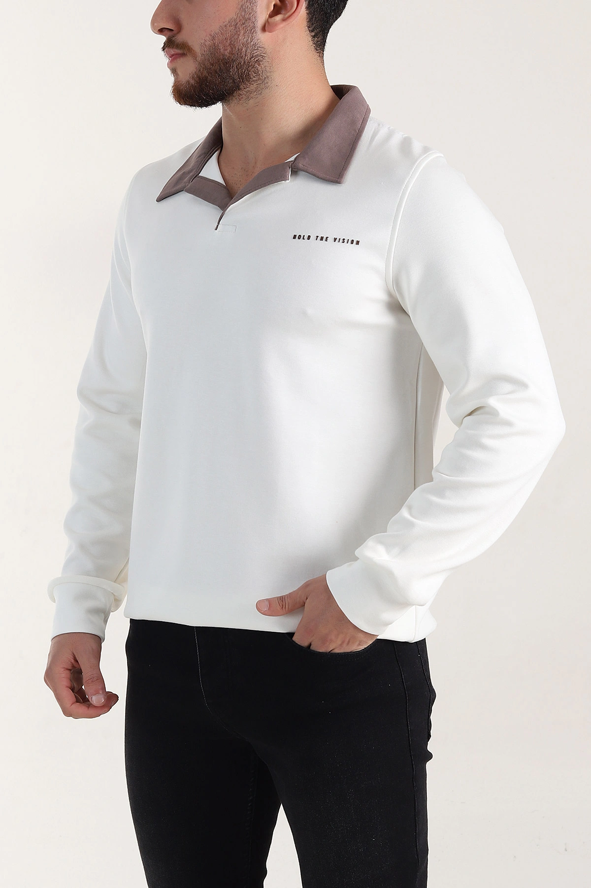Beyaz Relaxed Fit Oysho Kumaş Kabartma Yazılı Polo Yaka Erkek Sweatshirt 399588