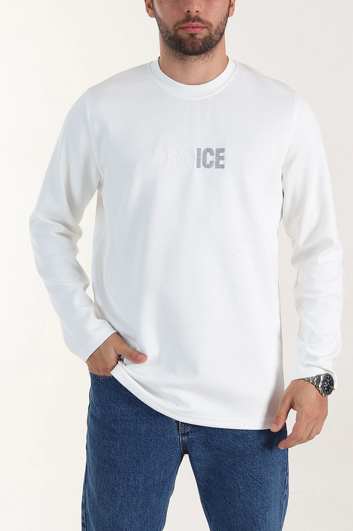 Beyaz Relaxed Fit Oysho Kumaş Nakışlı Yazı Detay Erkek Sweatshirt 399390