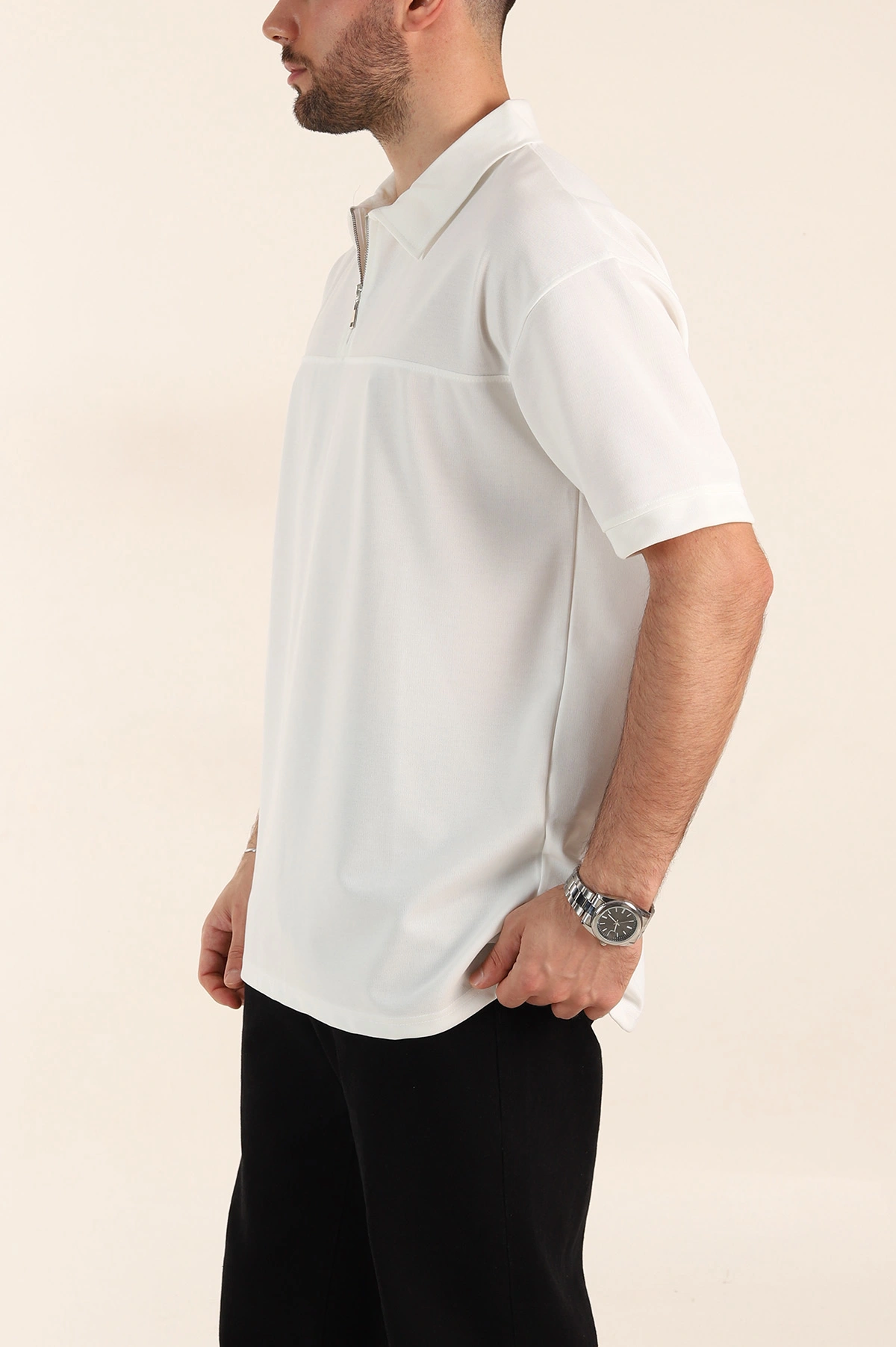 Beyaz Relaxed Fit Parçalı Kumaş Polo Yaka Erkek Tişört 363812