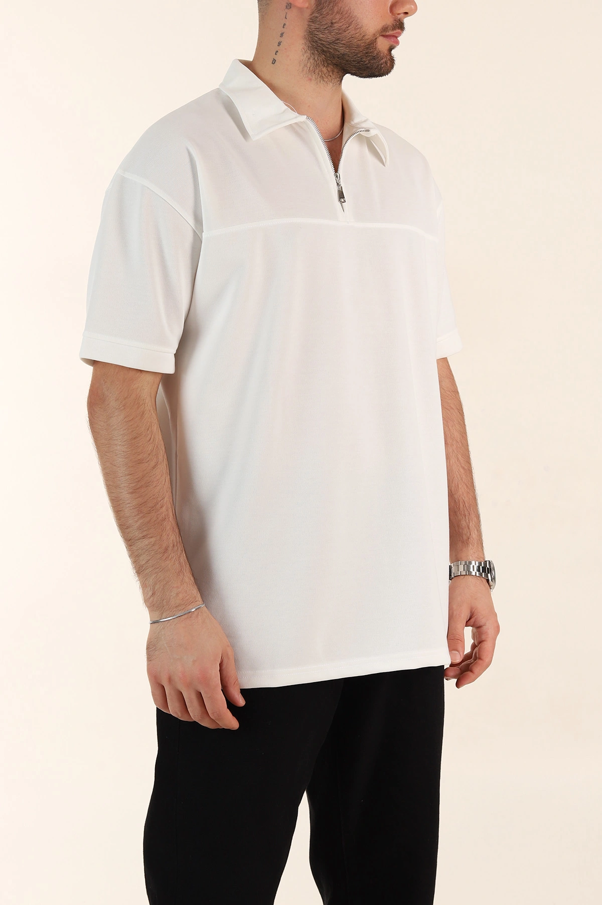 Beyaz Relaxed Fit Parçalı Kumaş Polo Yaka Erkek Tişört 363812