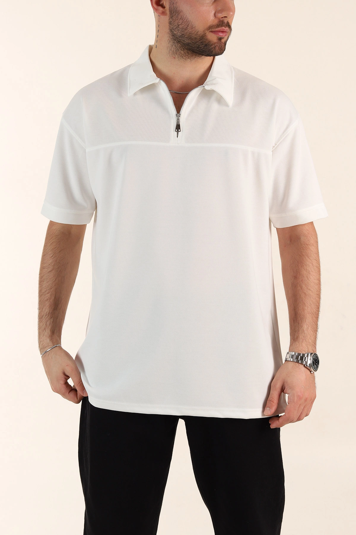 Beyaz Relaxed Fit Parçalı Kumaş Polo Yaka Erkek Tişört 363812