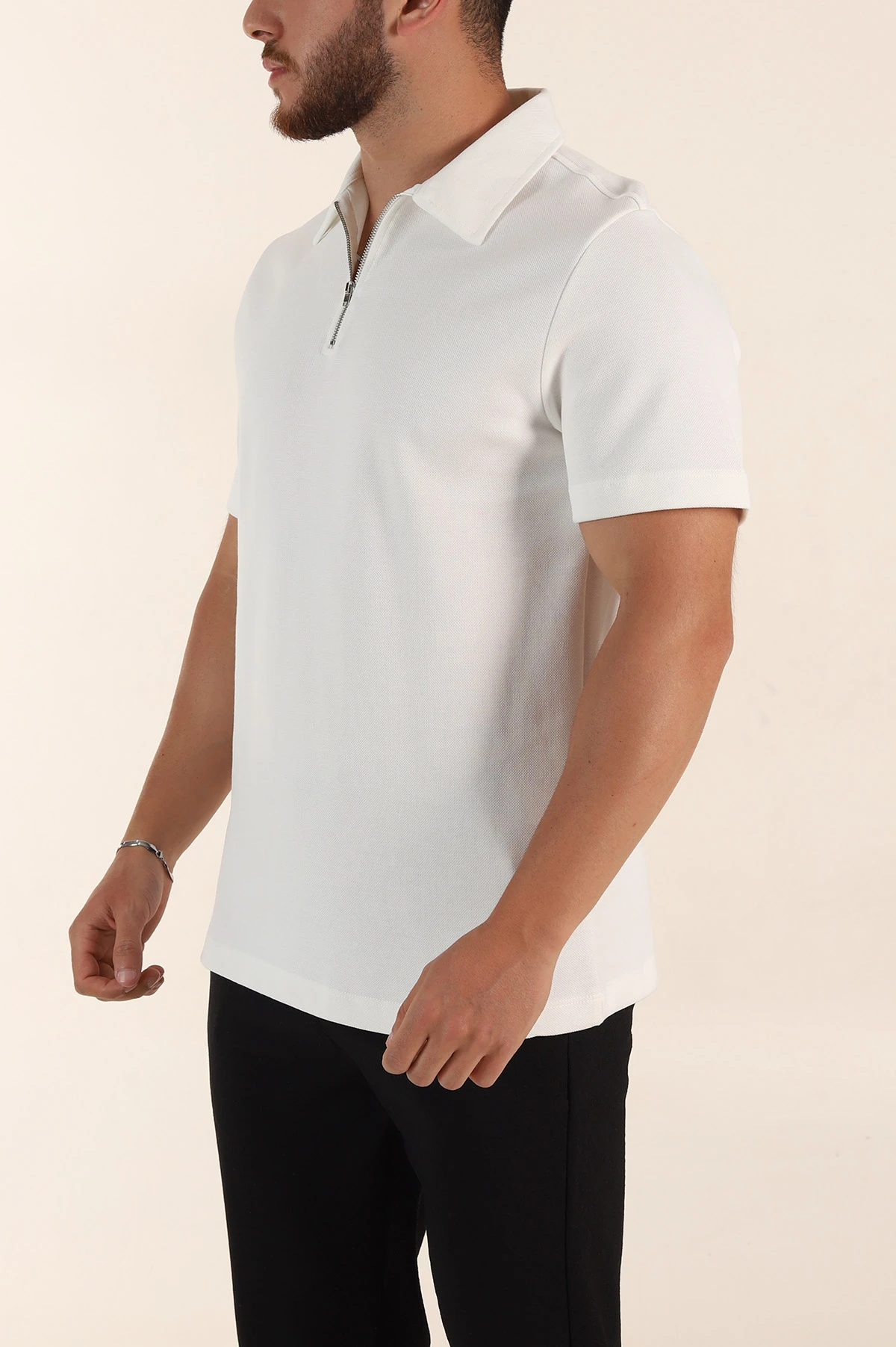 Beyaz Relaxed Fit Pike Doku Fermuarlı Polo Yaka Erkek Tişört 368379