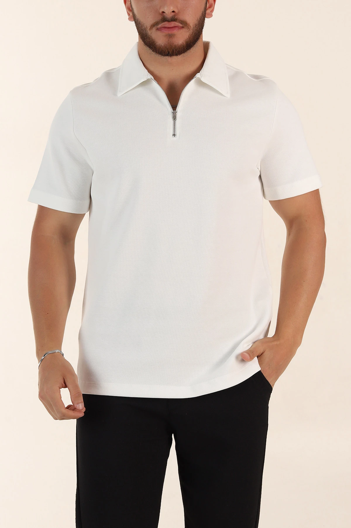 Beyaz Relaxed Fit Pike Doku Fermuarlı Polo Yaka Erkek Tişört 368379